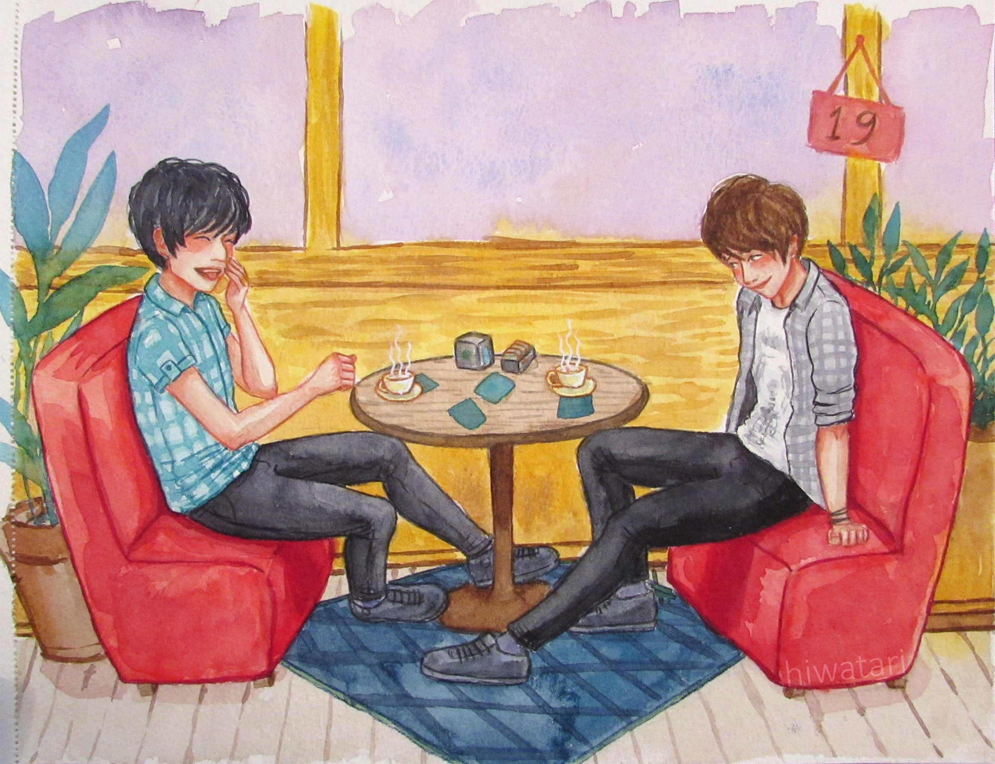 watercolor drawing of dana and phil, their 2009 selves, sitting on a cafe, round small table, red sofas and blue rug. theres some potted plants onn the sides.