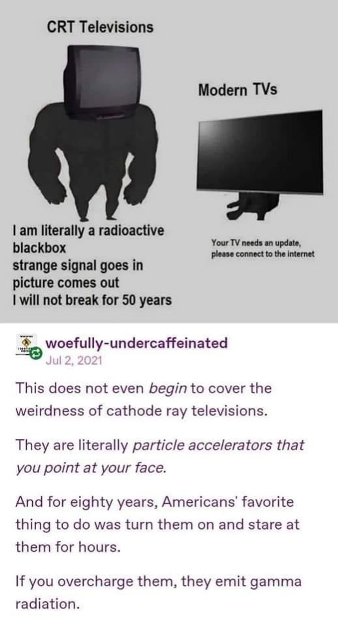 Its a meme about old tvs vs new tvs. CRT Televisions  
Modern TVs  
1am literally a radioactive  blackbox  strange signal goes in  picture comes out  will not break for 50 years  
Your TV needs an update  please connect to the internet  
woefully-undercaffeinated  Jul 2, 2021  
This does not even begin to cover the  weirdness of cathode ray televisions.  
They are literally particle accelerators that  you point at your face.  
And for eighty years, Americans' favorite  thing to do was turn them on and stare at  them for hours.  
f you overcharge them, they emit gamma  radiation.