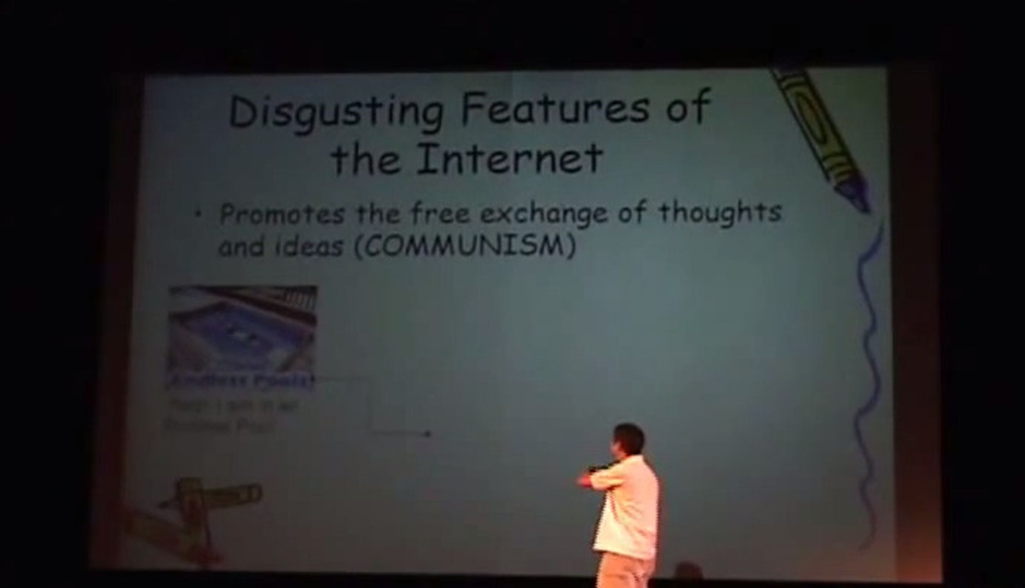 lowtax from something awful doing a live presentation of memes and something awful garbage  "Disgusting Features of the Internet  , Promotes the free exchange of thoughts and ideas (COMMUNISIM)