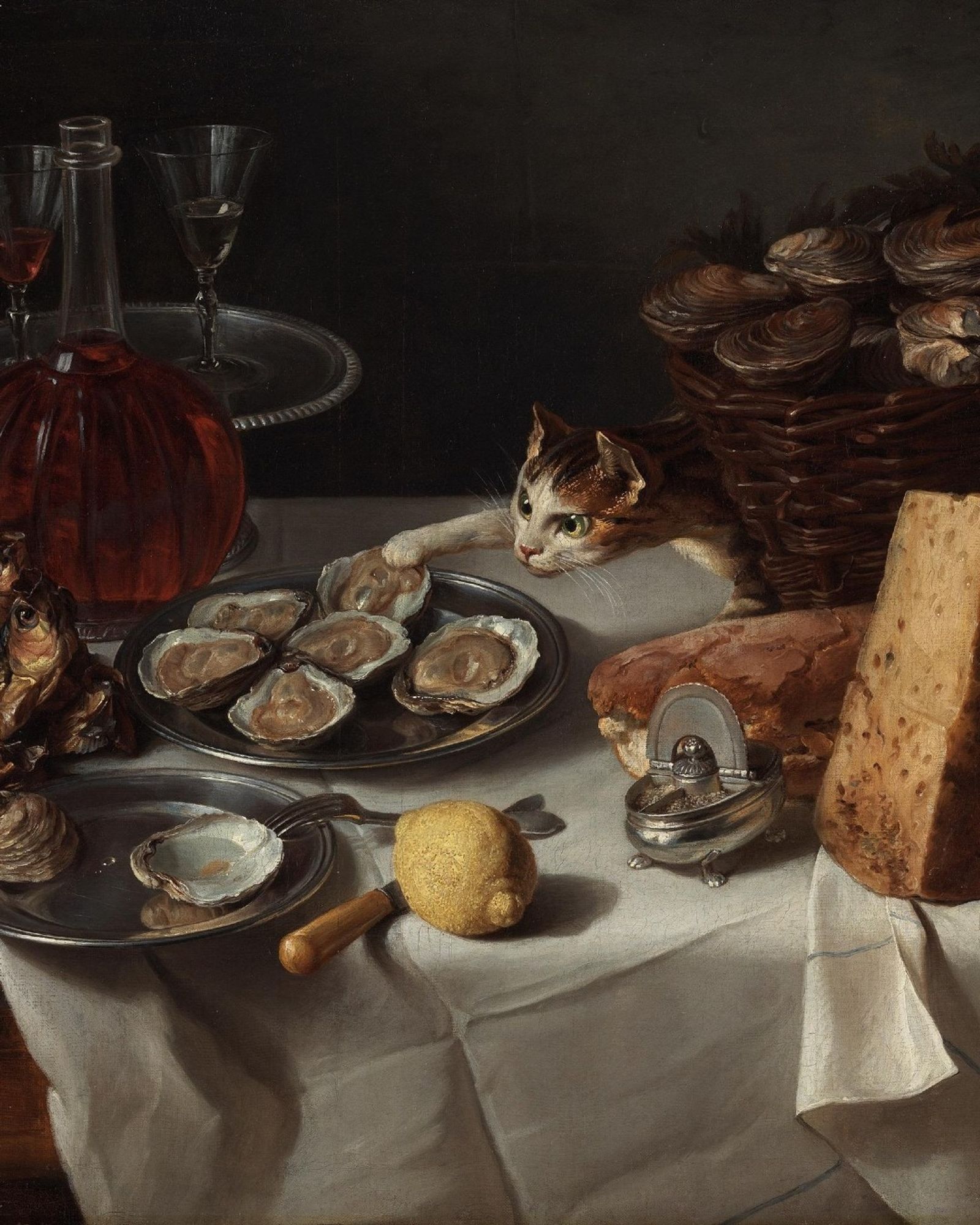 Still Life with cat by Desportes 1705 it's a beautiful painting of a tabel with food but especially oysters in a basket  and open on a plate behind the basket partially and up front the head end of a beautiful cat that is white with big green eyes and grey and peach ontop it has its hand or paw on one of the oysters