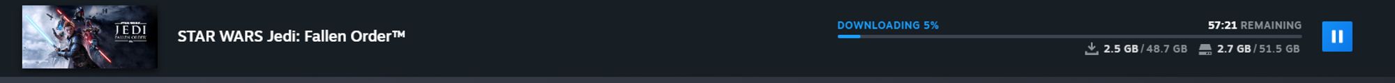 steam library screenshot of download progress for jedi fallen order. download progress is at 5% with 57:21 remaining. 