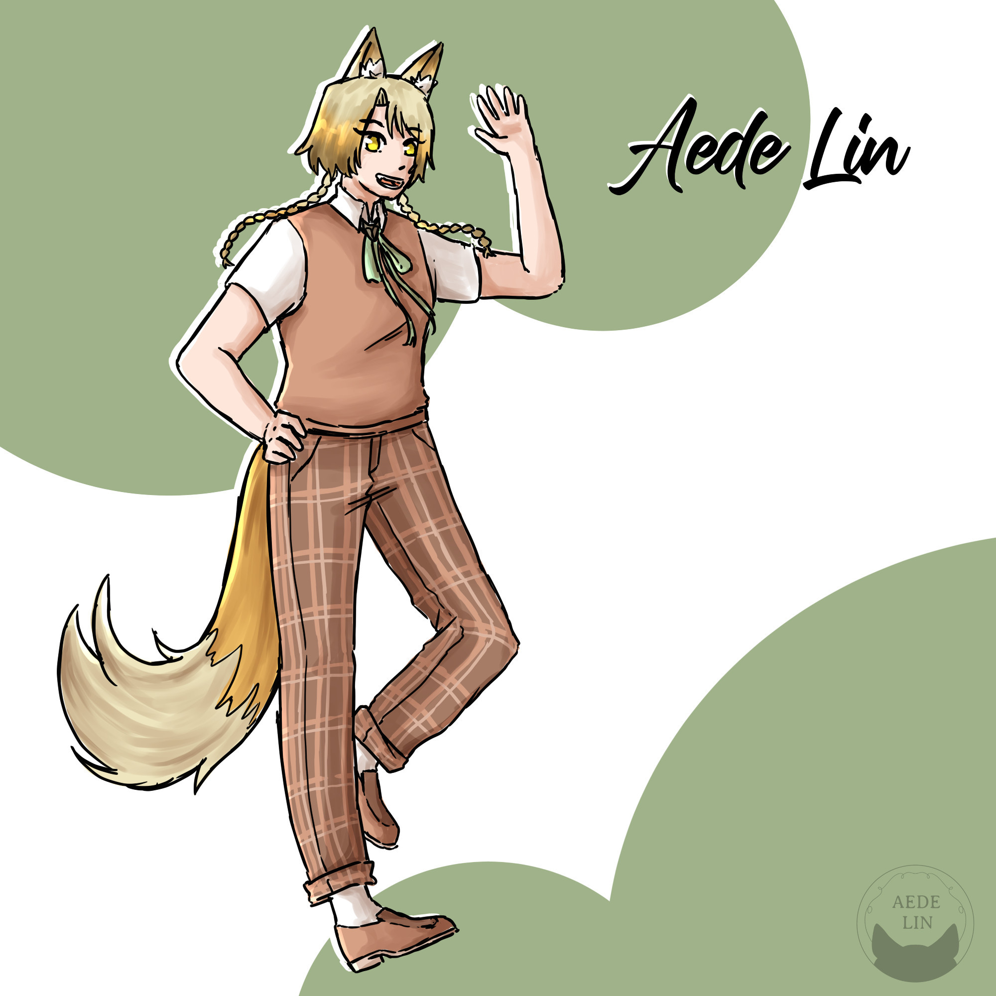 A drawing of an half human, half fox character. She's wearing light academia style.