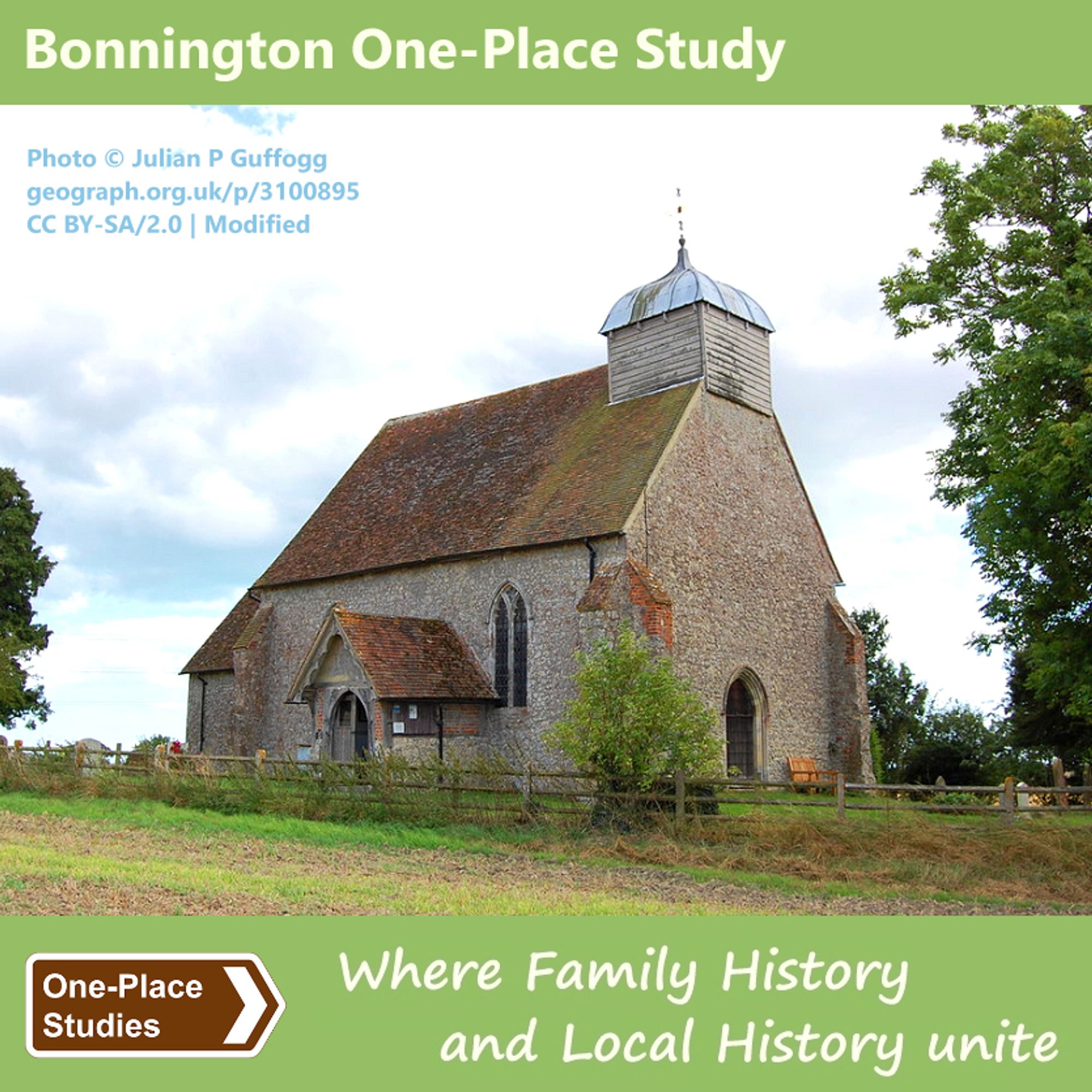 Bonnington One-Place Study. 
Image: A photo of Bonnington Church. This is a small, two-cell building with a turret at the Western end of the roof (on the right as we view it). The leaded, ogee-shaped turret is supported by what is effectively a large wooden box. 
One-Place Studies, where family history and local history unite.