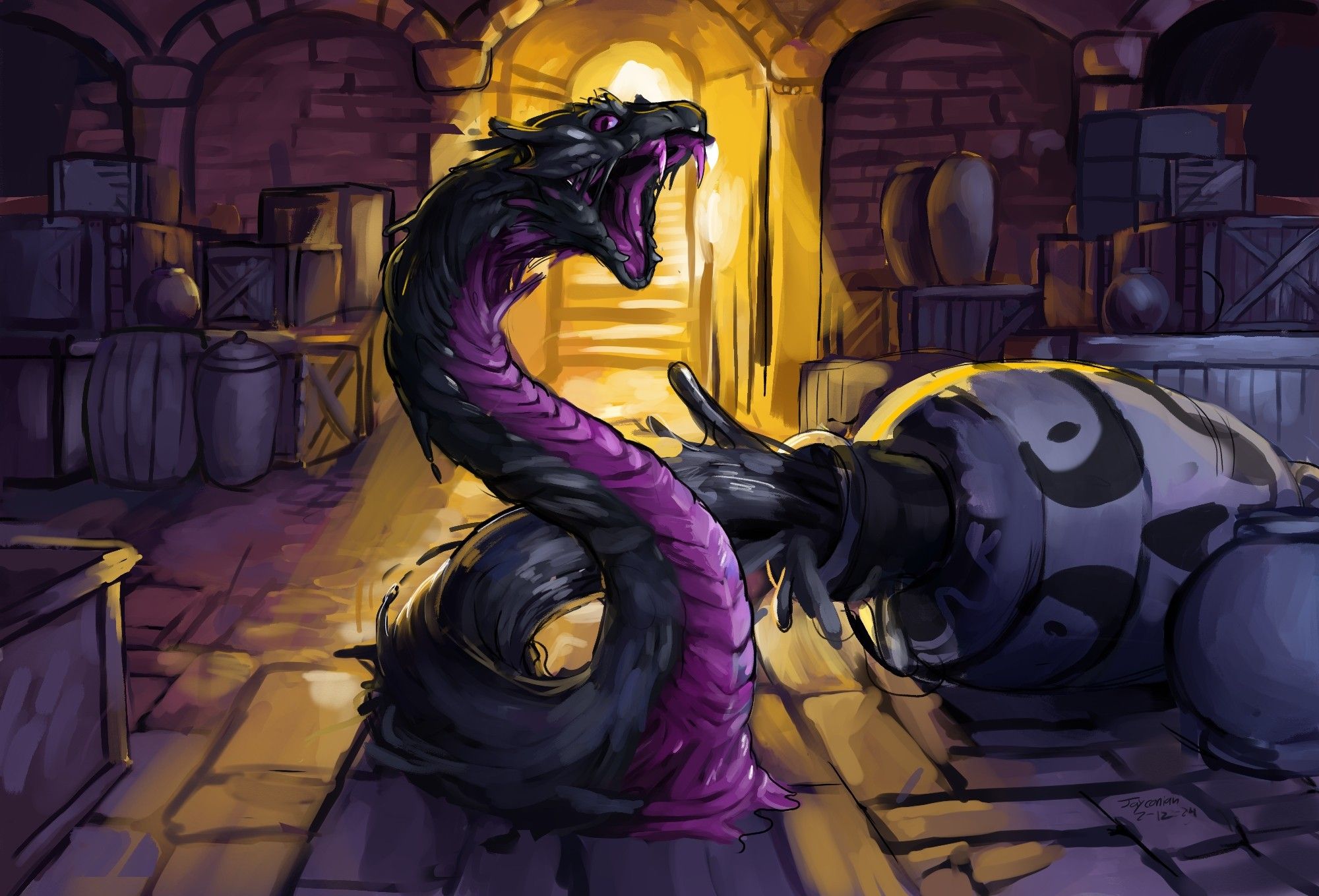 An illustration of a snake made of goo emerging out a turned over pot in a dark stone crypt. The room is filled with boxes and jars, and is illuminated by only a bright light from a doorway in the background.