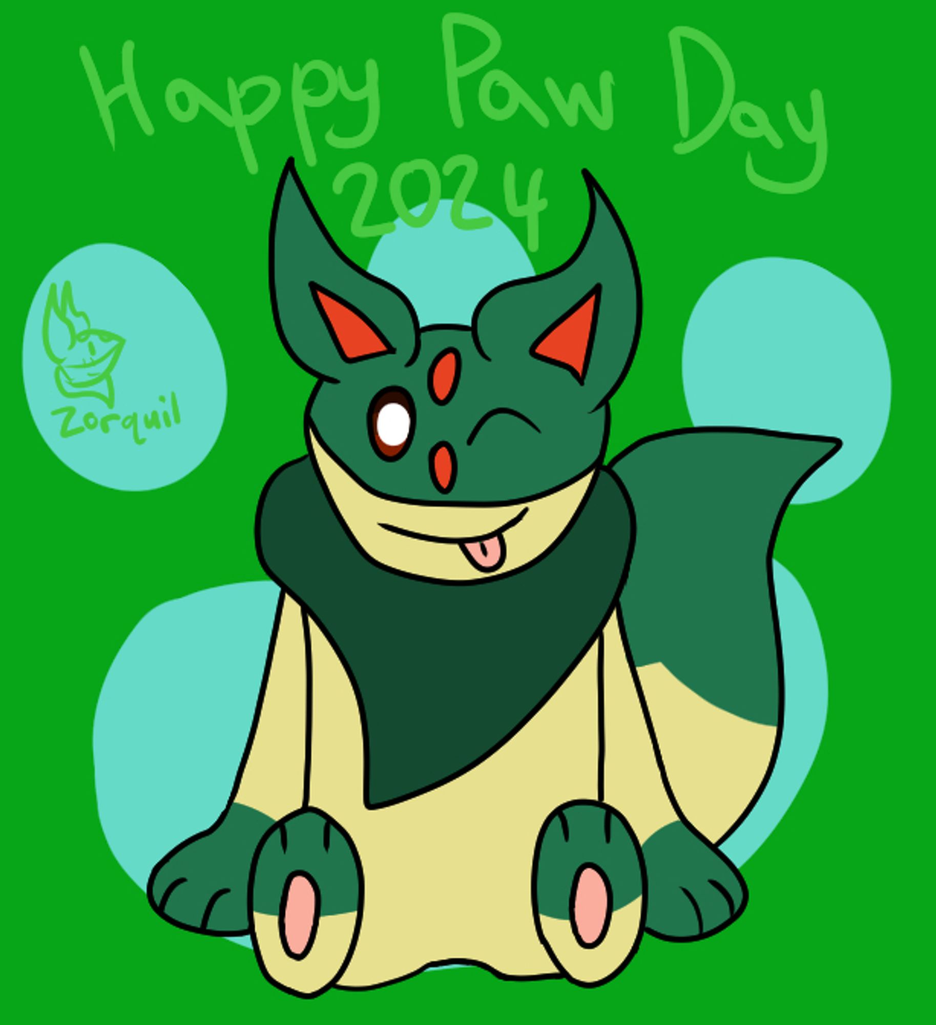 Picture of my Zorquil sona (Quilava + Zorua fusion) winking towards the front showing off their paws with the title of "Happy Paw Day 2024".