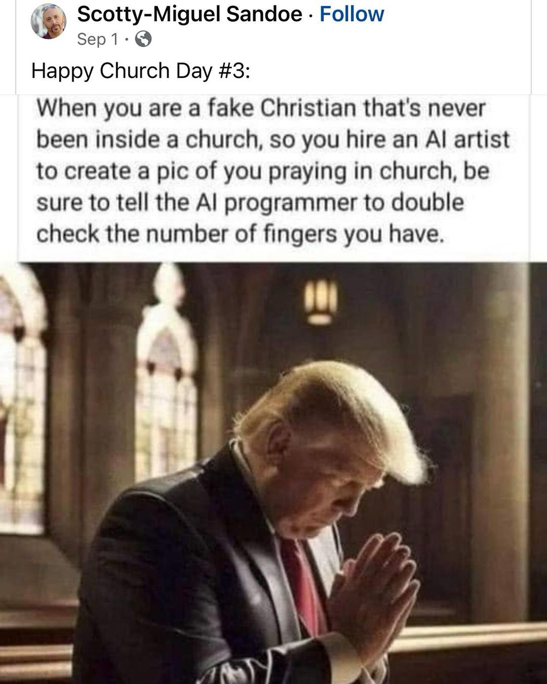 AI image of Trump praying  - with a thumb & 5 fingers!