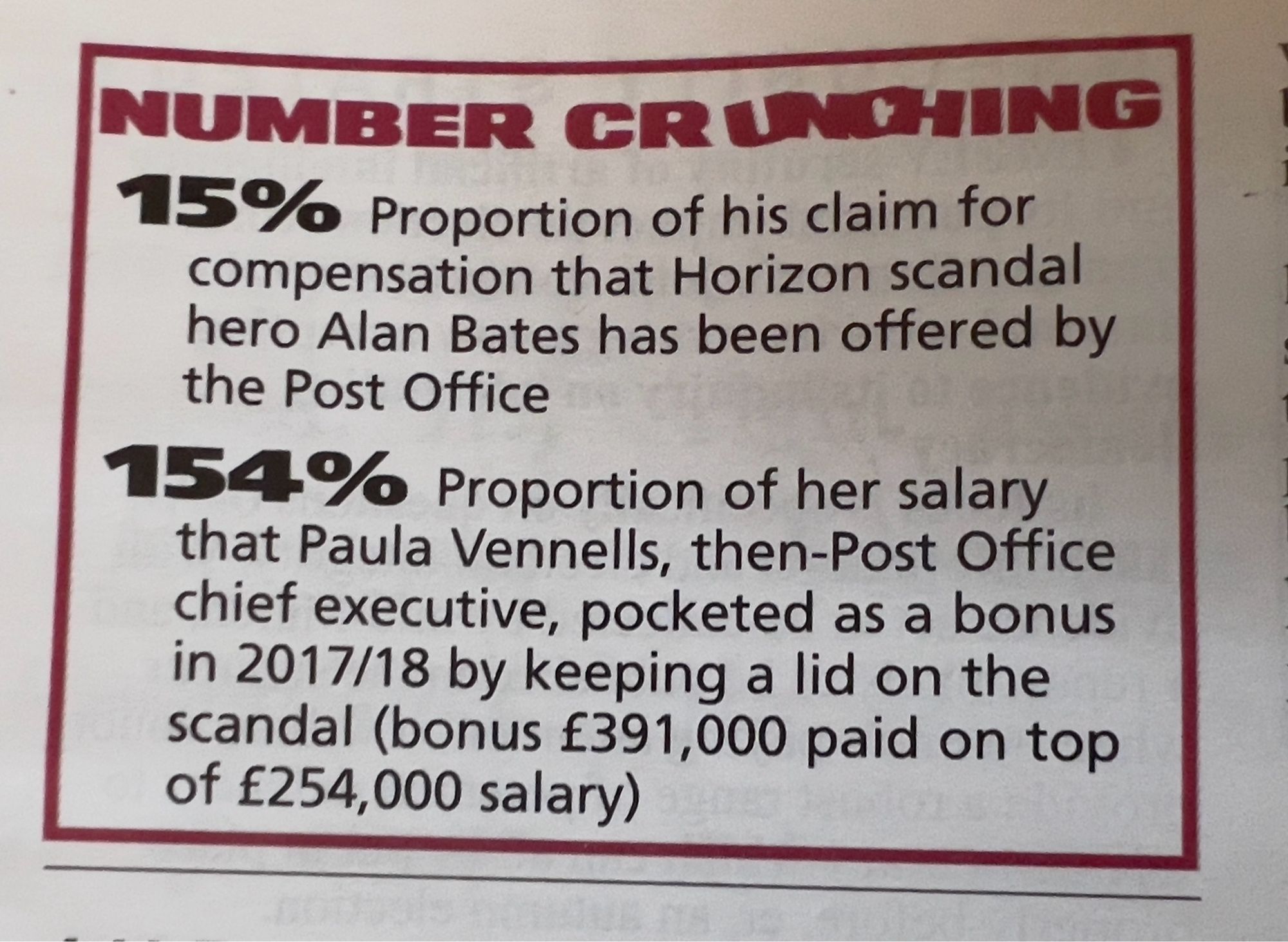 Private Eye 15% of amount claimed by Alan Bates has been offered 

154% proportion of Paul Vennells salary received as a bonus in 2017/18