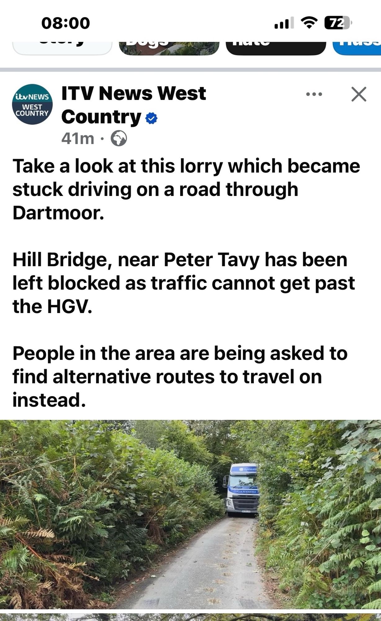 ITV Westcountry news - an HGV stuck in a Dartmoor lane