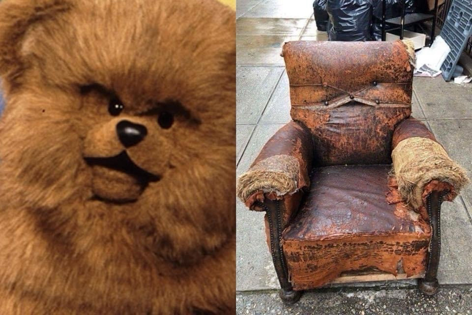 Bungle from Rainbow followed by a raggedy old brown leather chair