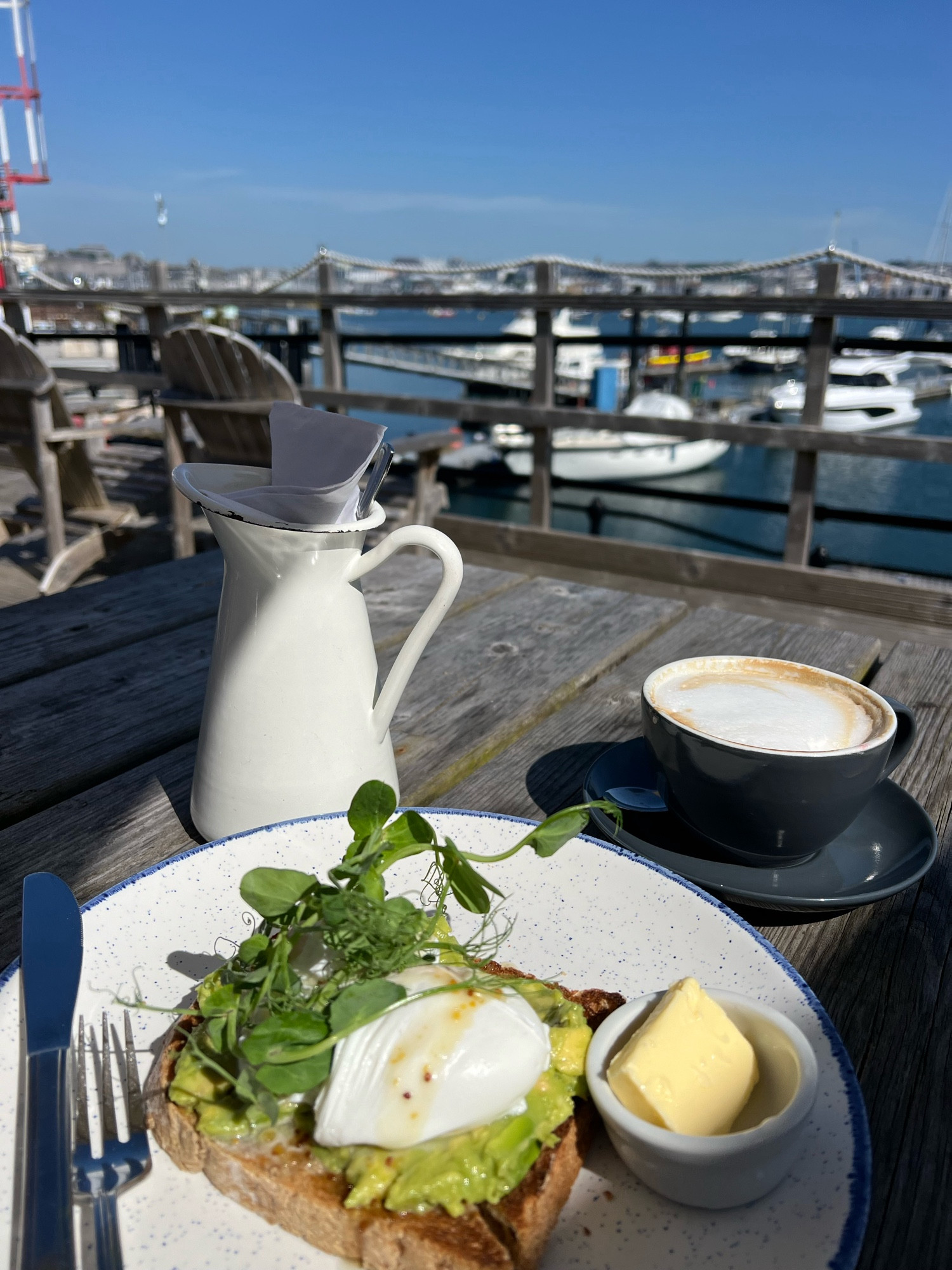 Poached egg on toast & cappuccino by the sea