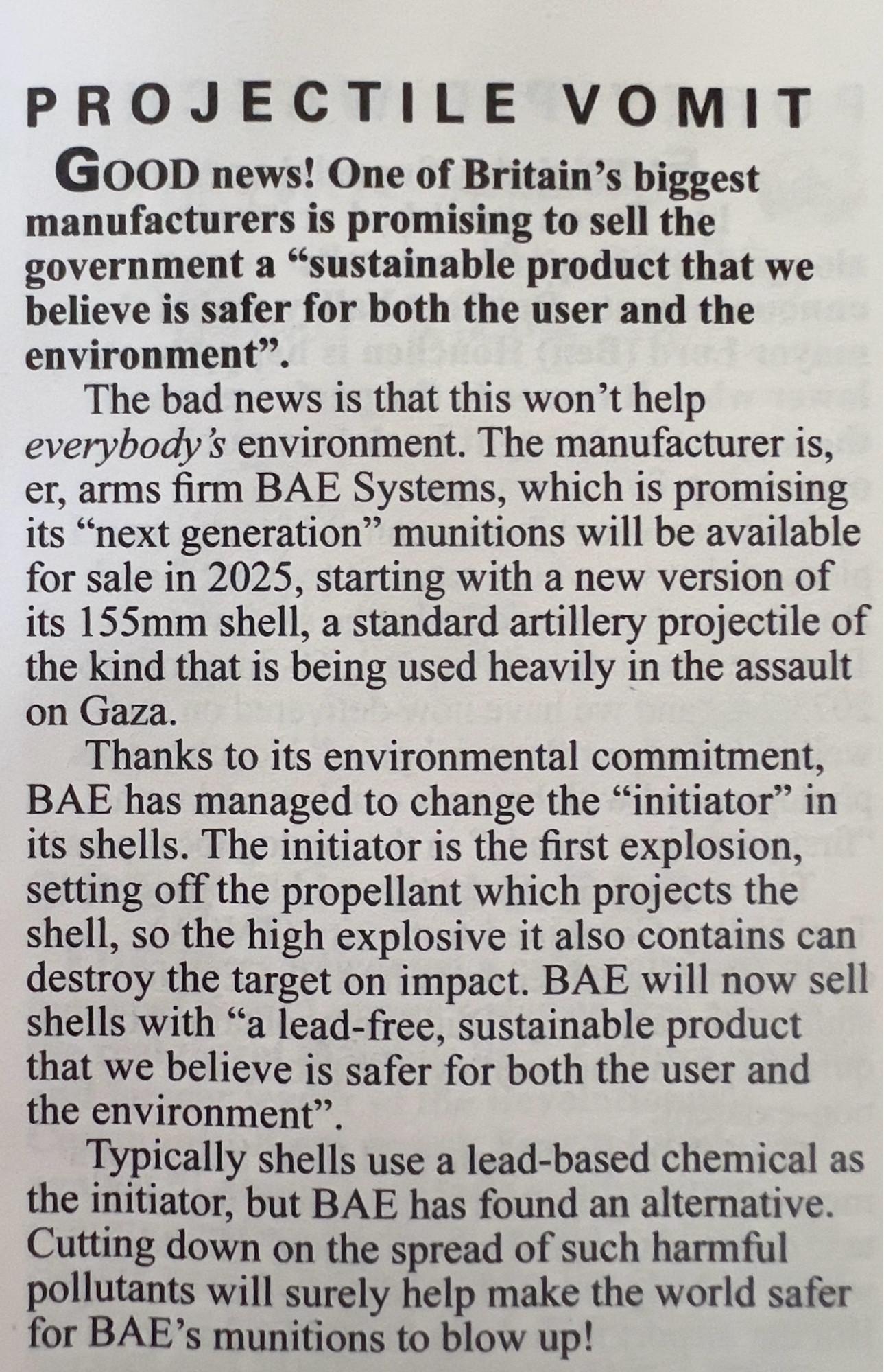 Private Eye - BAE to make a more “sustainable” munition which is lead-free