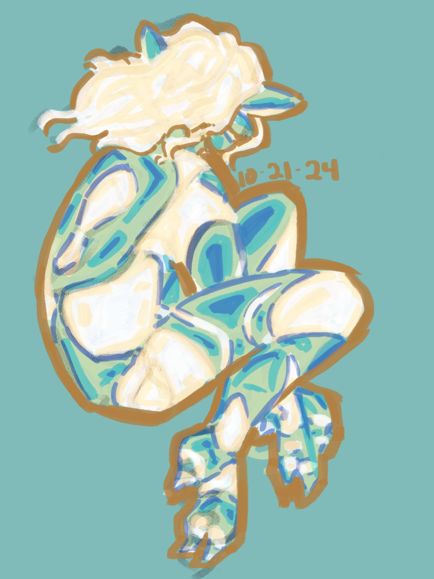 A sketchy, loosely-rendered digital painting of a blue and white figure with their back to us, outlined in rusty orange on a blue background. 

The figure is loosely curled up, with their legs most of the way to their chest. Their feet have two clawed toes on the front, and one clawed toe on the back. 

They have three sets of ears, though some are hidden behind their glowing white hair. 

Parts of their body glow as well, including their knees, ankles, hips, and parts of their feet and back. The rest of their body is a multicolored green/blue, catching the light from their glow.

Their face is not visible.