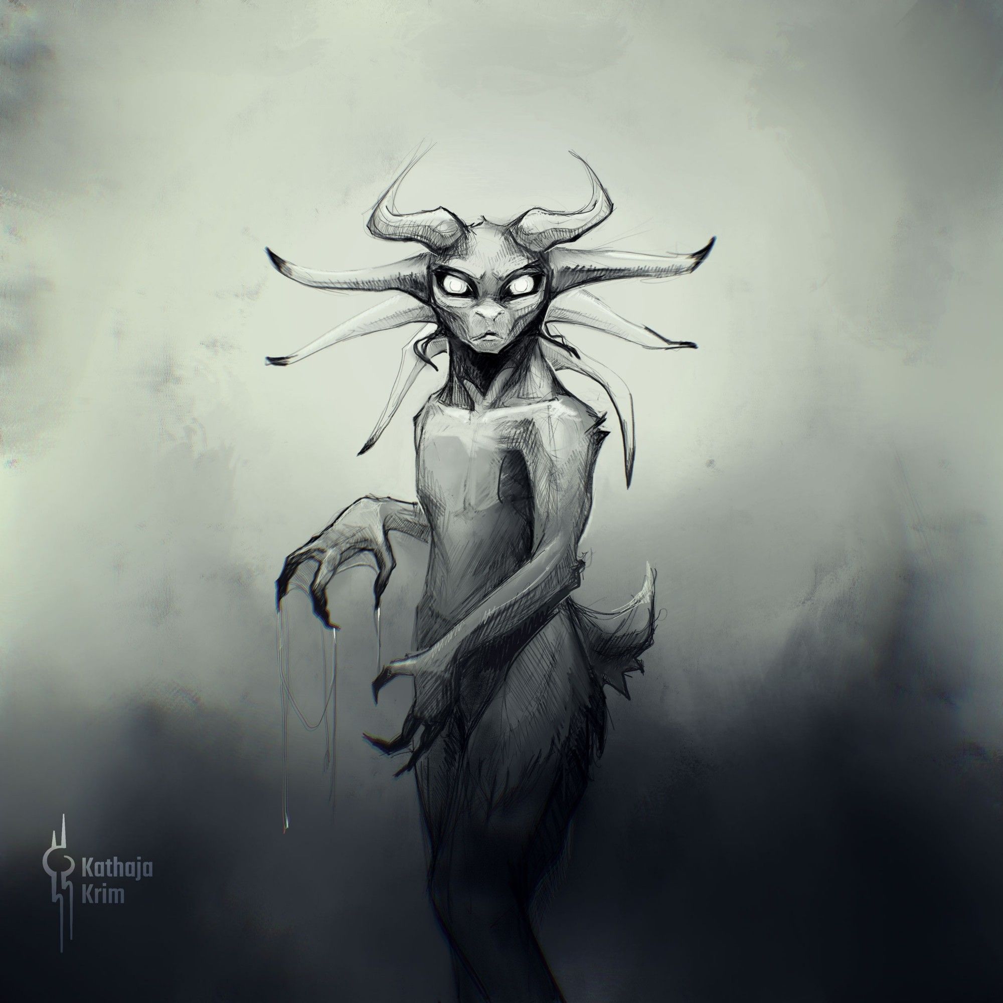 A drawing of a deer-like demon with big eyes looking into the direction of the viewer. They have horns and ears all around their head. Their hand is covered with slimy liquid.