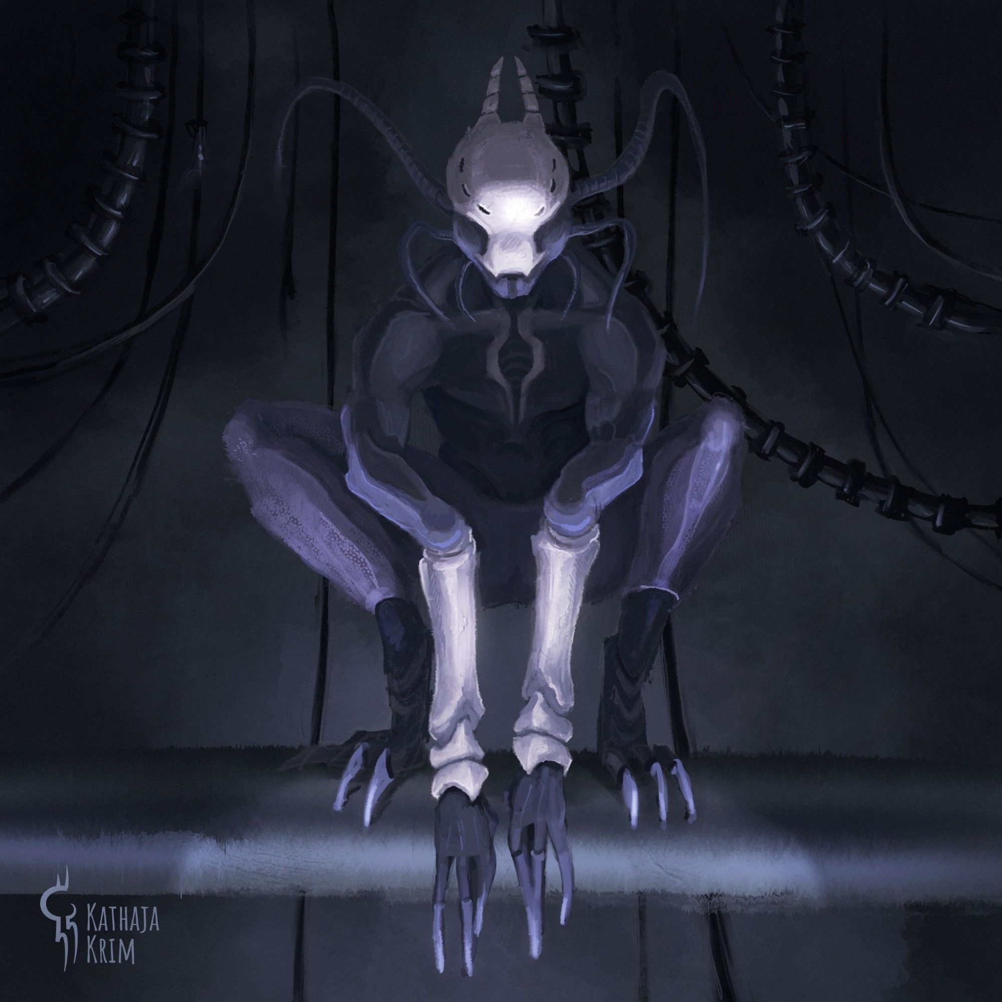 A digital drawing of an alien crouching on a pipe. They have long, bendy appendages on their head, waving wildly. Instead of eyes they have six slits in their mask-like face. The alien is facing us, looking quite menacing.