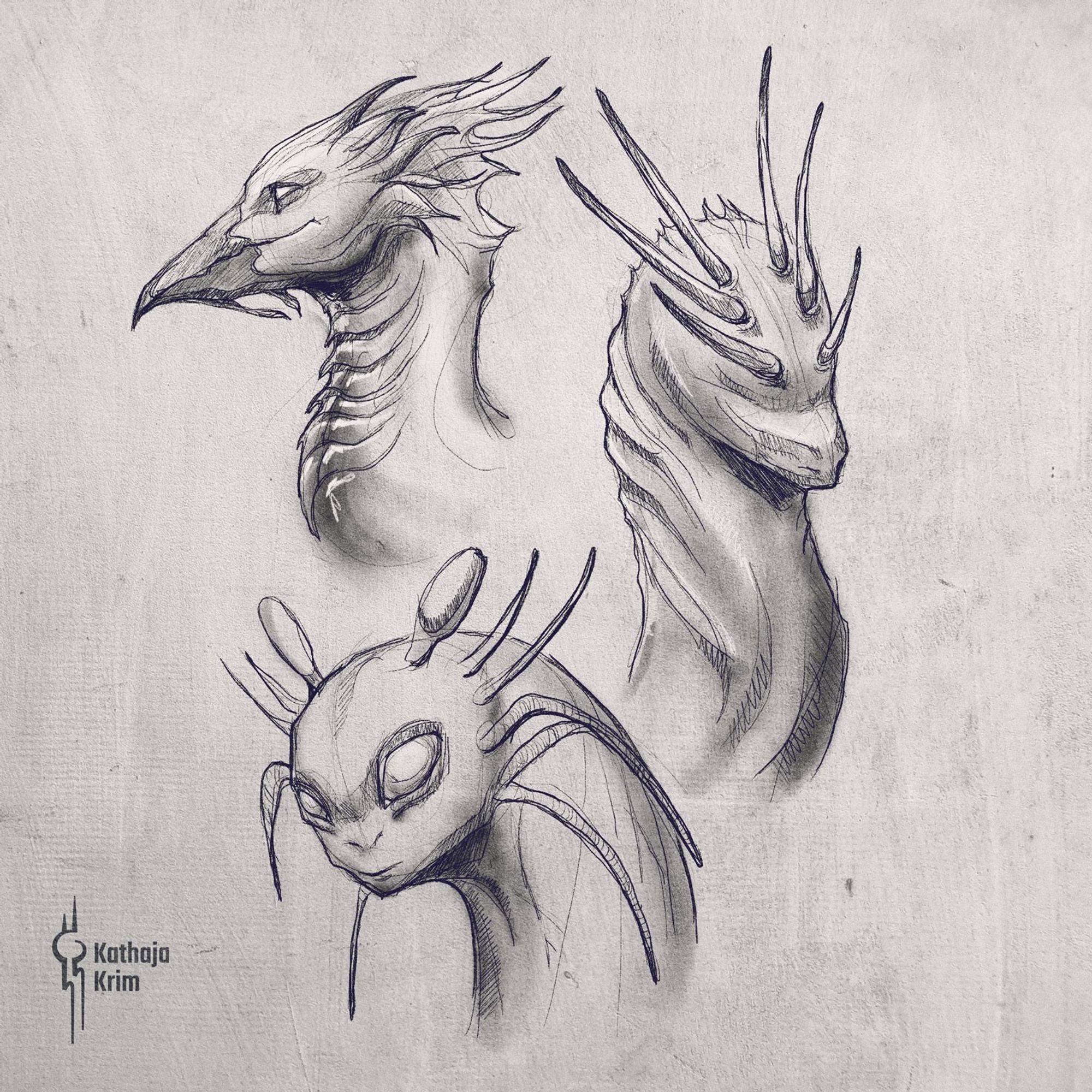 Three heads of different monsters. The first resembles a bird-like creature. The next is dragon-like, but has no eyes. The last one has (weirdly big) eyes and mouse-like features.