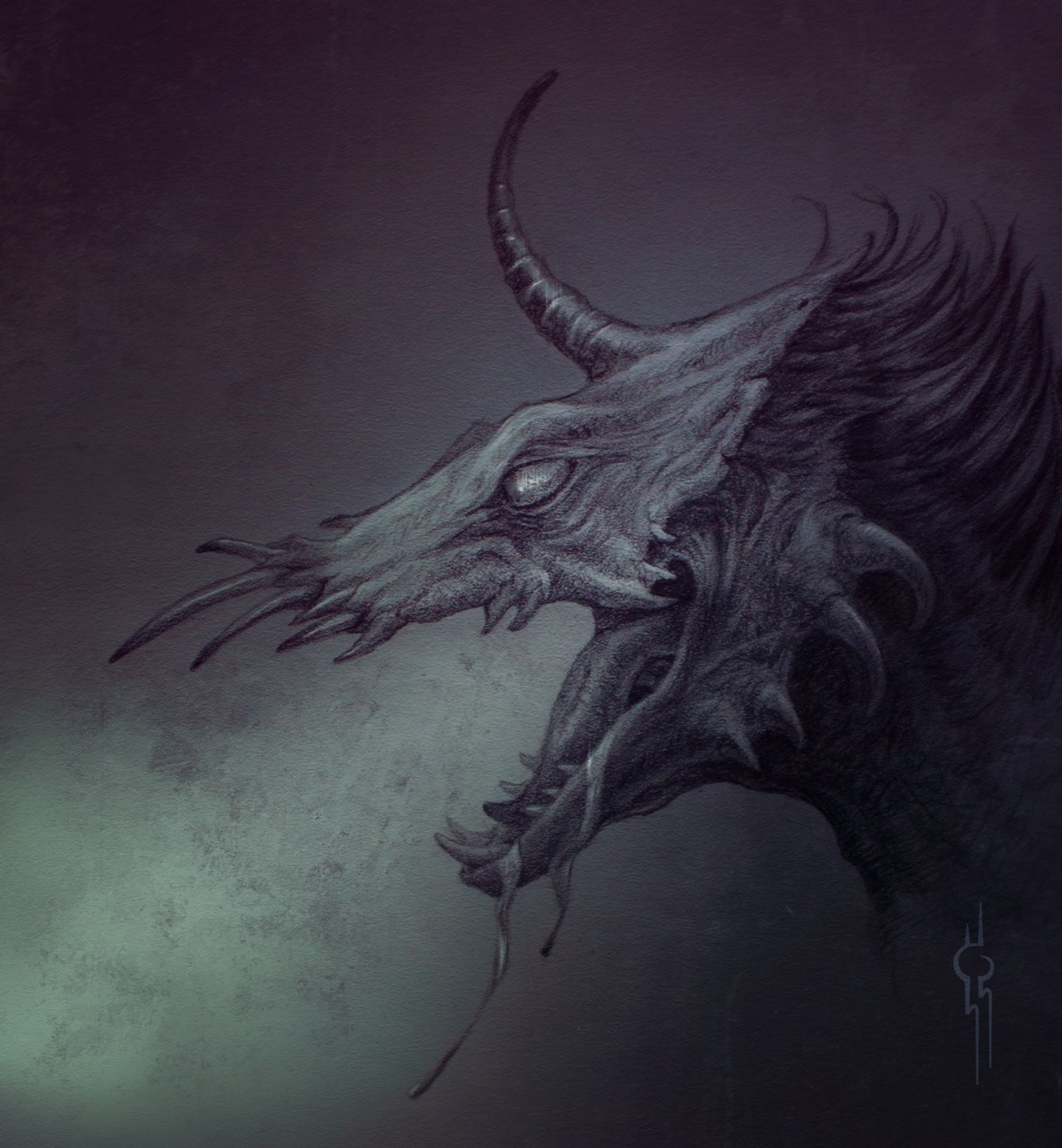 Pencil drawing of an eerie unicorn, finished-up with digital colors.