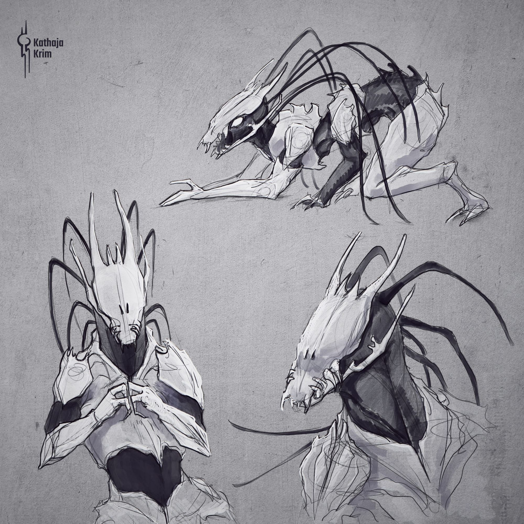 Three digital sketches of an alien species, the Tar'nex. The alien has four arms and two legs. Their skin is dark, but many parts are covered by white exoskeleton. Their head is kinda crocodile-shaped with big teeth and horns. On the back of their head are thick, wiry, black antennas.