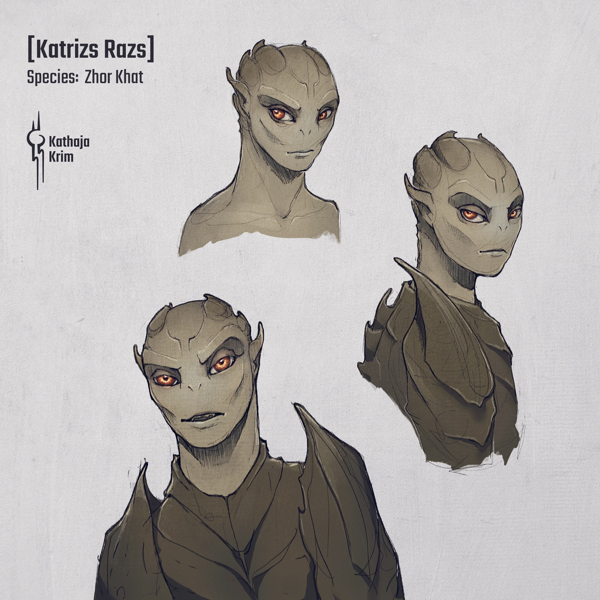 Digital art of an alien character, Katrizs. The art shows Katrizs three times. The first drawing is a bust from a slight top down angle. The second drawing depicts her head and upper body, glad in bio armor, glancing over her shoulder. The last drawing shows her from the front, with the same armor. Her features are round and soft, with big eyes and a slightly disapproving or critical gaze. Her skin tonr is a light olive green and her eyes are copper. In the top left corner is her name in brackets [Katrizs Razs] and the name of her species: Zhor Khat. Underneath is my logo.