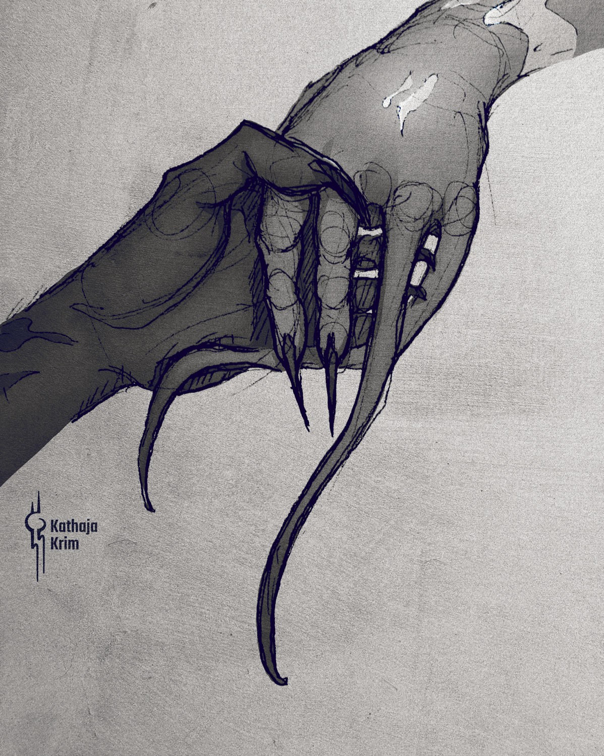 Grayscale drawing of a dark hand holding a slightly lighter hand in an affectionate way. The lighter hand has white markings at the wrist and at the back of the hand. The latter are glowing faintly. Two fingers of the lighter hand are elongated, wriggling towards the darker hand. The darker hand has black markings along the wrist. Both hands sport long, dark claws.