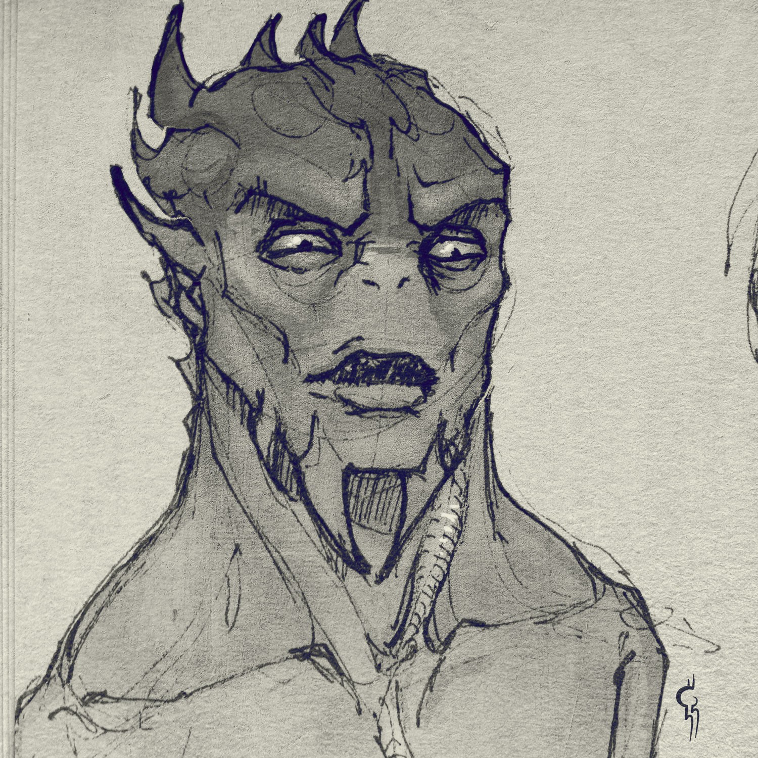 Sketch of an alien person, Sorrax, with a disgusted look on his face. The sketch is slightly shaded and tinted with a warm color and blueish lines.