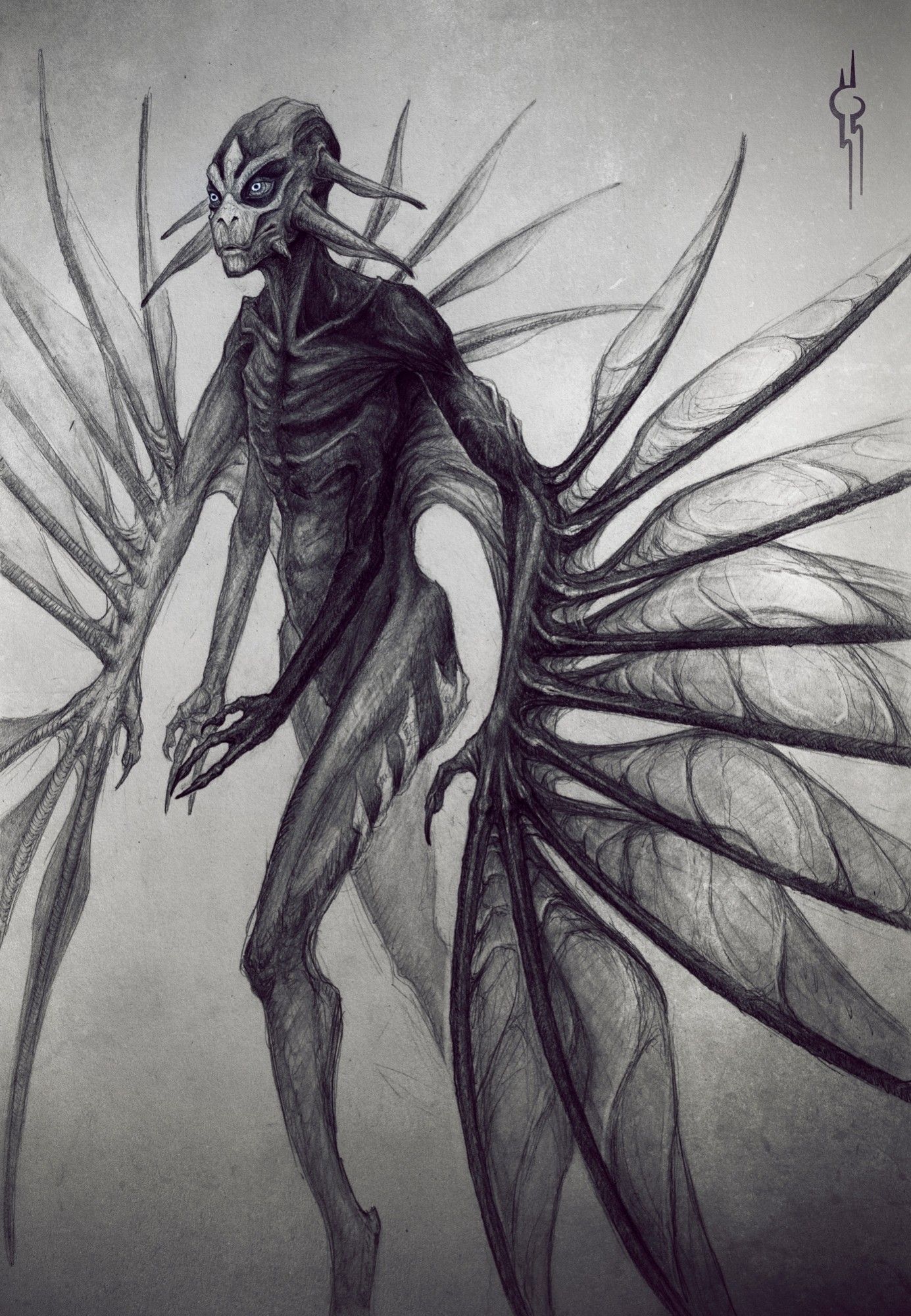 An almost-full-body pencil drawing of an alien being. They have two sets of arms, one bigger pair and one smaller pair. The bigger pair is wing-like, with nine "firefly wings" growing along the lower arm and hand. The creature has all kinds of pointy ends, on their back and on their face. The whole drawing has a purple tint, just the eyes are blue.