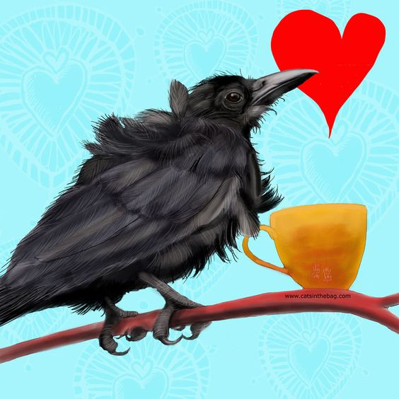 illustration: un corbeau sur une branche où est posée une tasse de café d'où s'échappe un coeur rouge. Le fond est bleu turquoise très clair