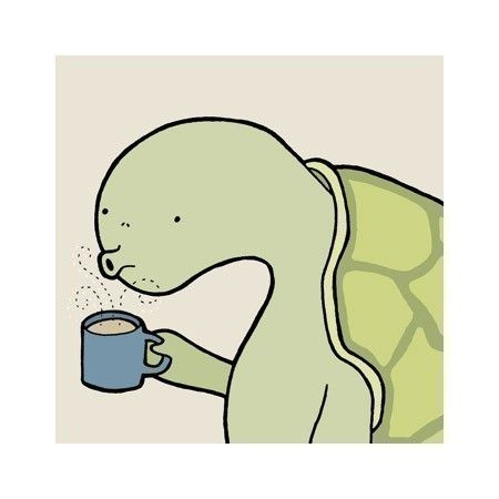 Dessin aux couleurs très douces d'une tortue verte soufflant sur son café qui fume