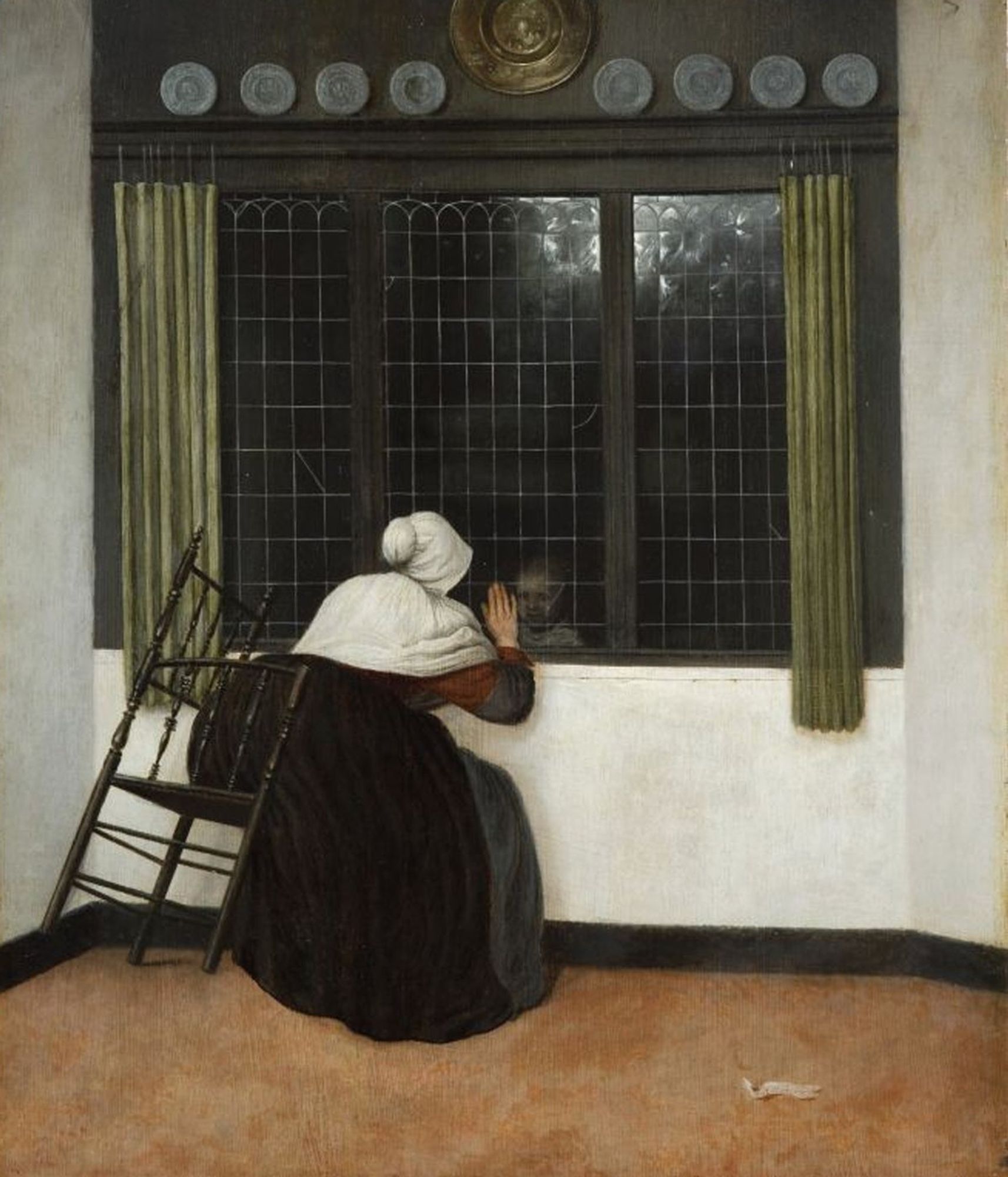 Woman from 1600s sitting on chair in otherwise empty room, peering out a window into the dark. There is an image of what appears to be a child looking in at her from the other side of the window.