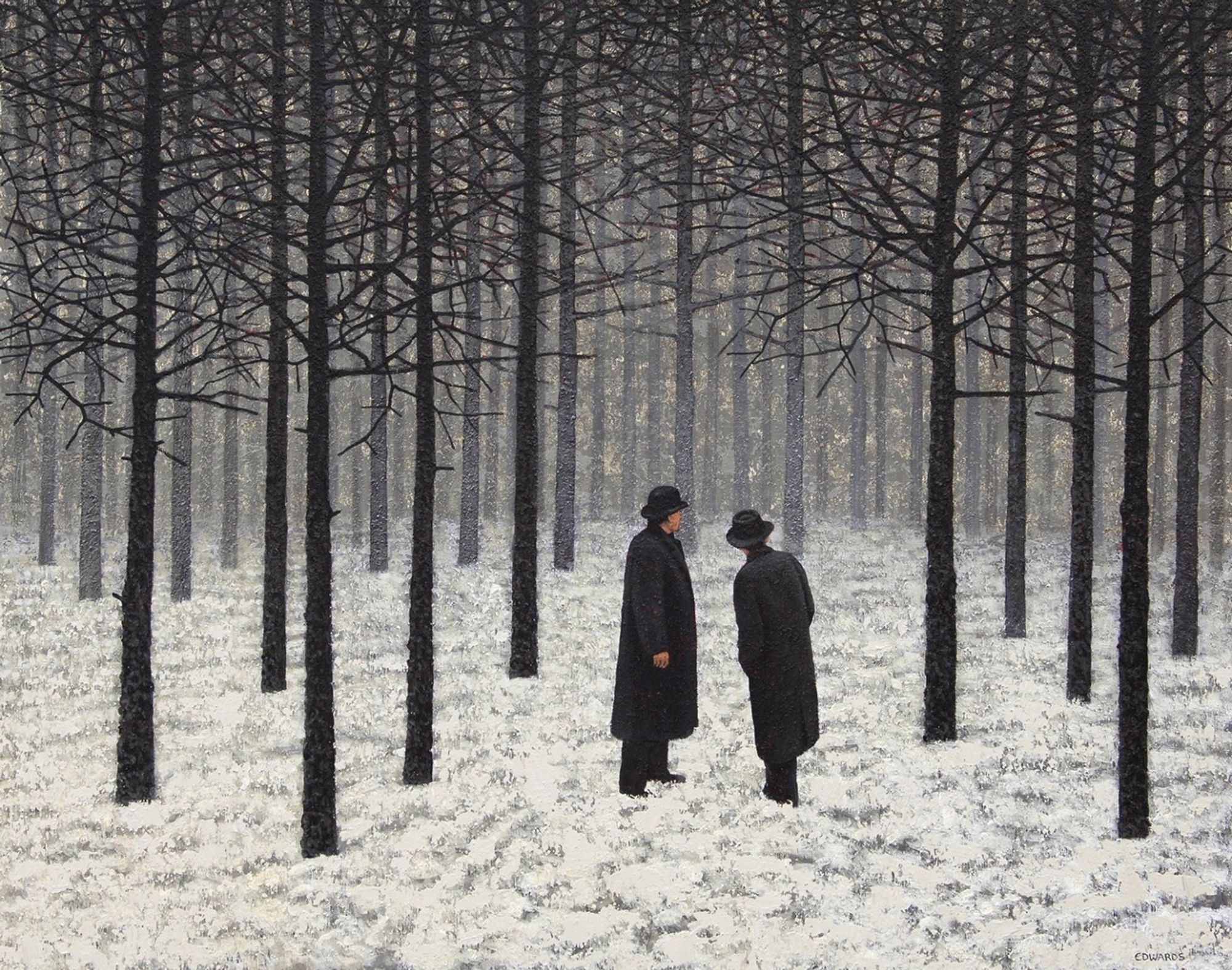 Two men in dark overcoats standing near each other, conversing and staring into the distance of a snowy forest.