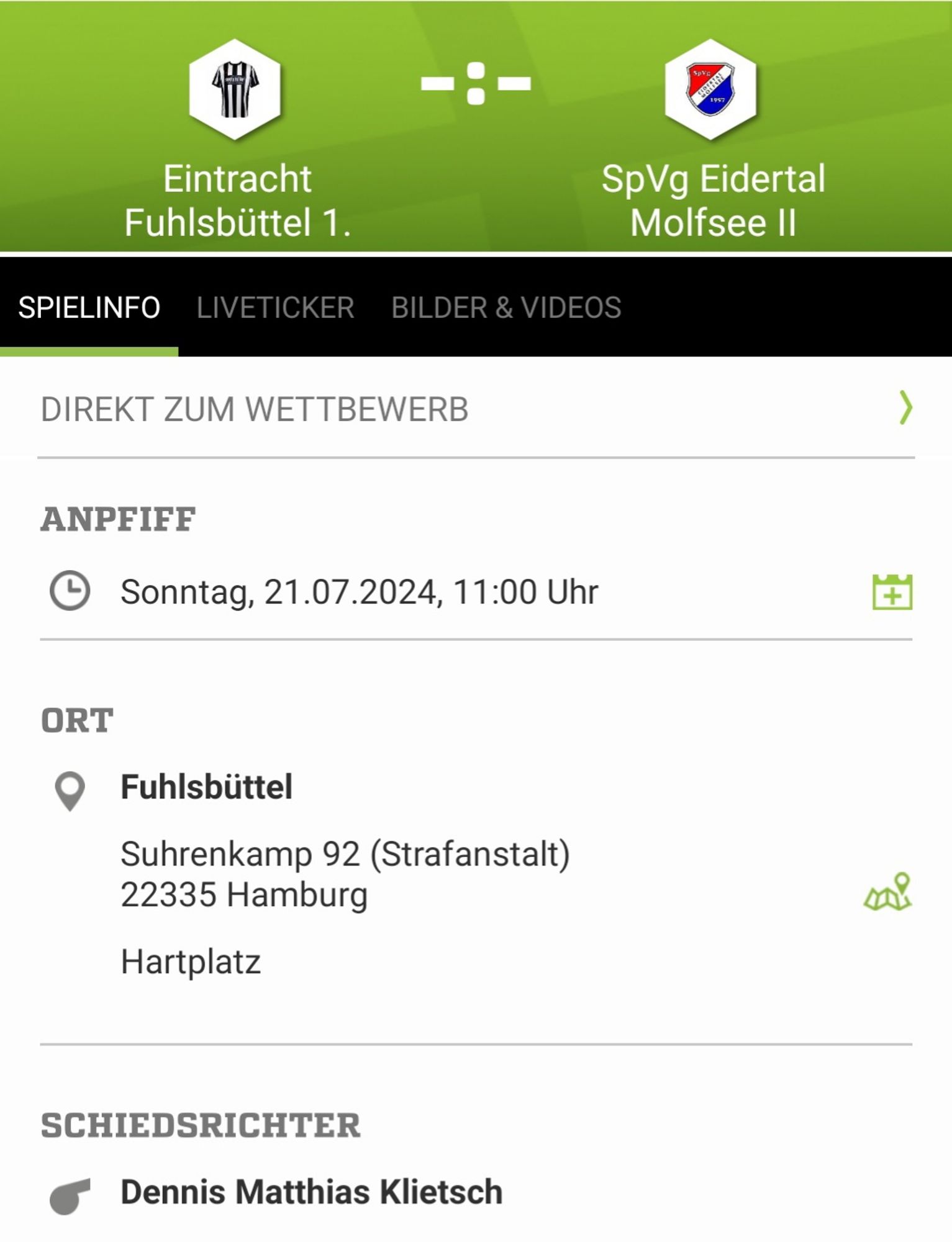 Spielansetzung Eintracht Fuhlsbüttel gegen Eidertal Molfsee II.