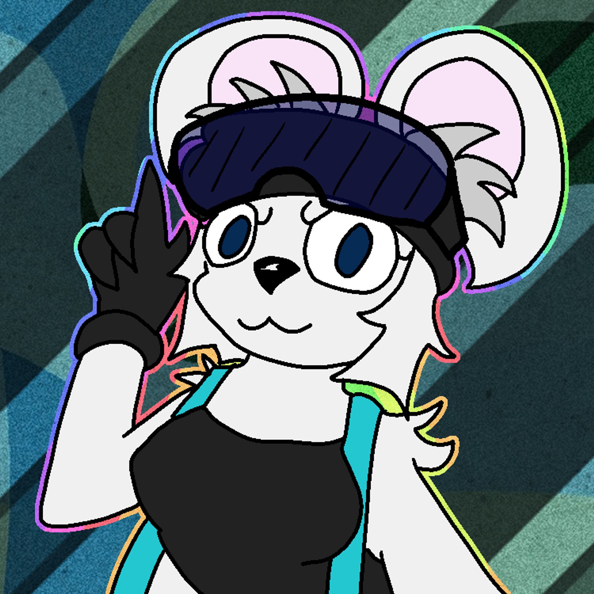 a mousefolk artificer with blue eyes, wearing gloves and a black top with suspenders and a bandana. they are also wearing a pair of blue safety goggles.