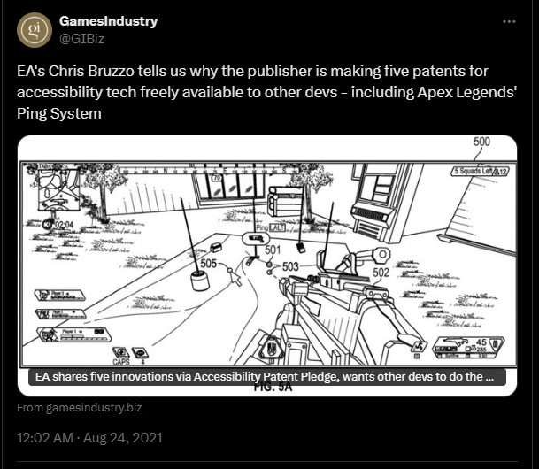 A screenshot of a GameIndustry.biz post, with the text "EA's Chris Bruzzo tells us why the publisher is making five patents for accessibility tech freely available to other devs - including Apex Legends' Ping System" and linking to: https://www.gamesindustry.biz/ea-shares-five-innovations-via-accessibility-patent-pledge-wants-other-devs-to-do-the-same