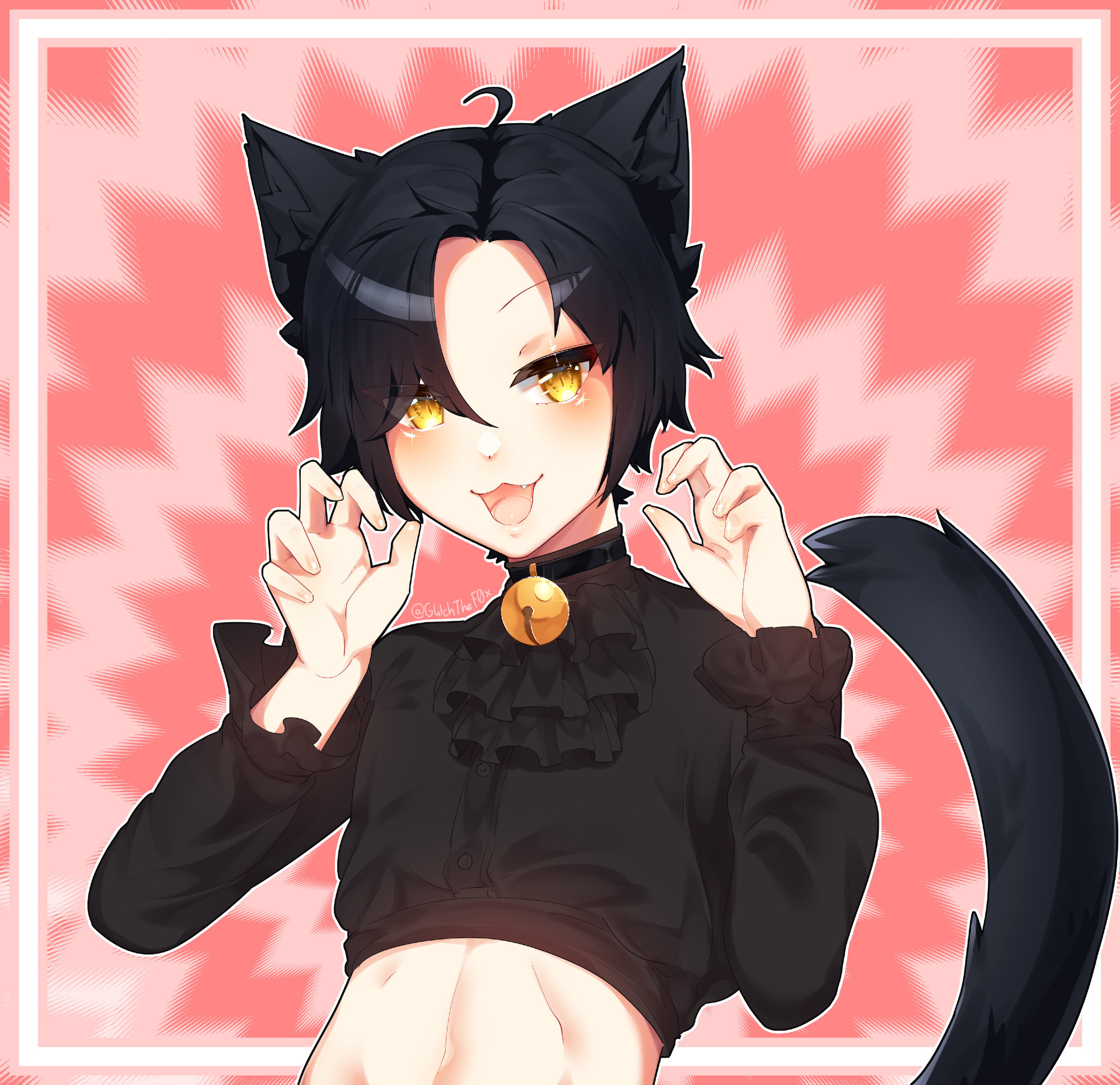 a very cute catboy (trust me on this) wearing a collar and ruffle shirt. anime style. he has black hair and gold eyes. please enjoy.