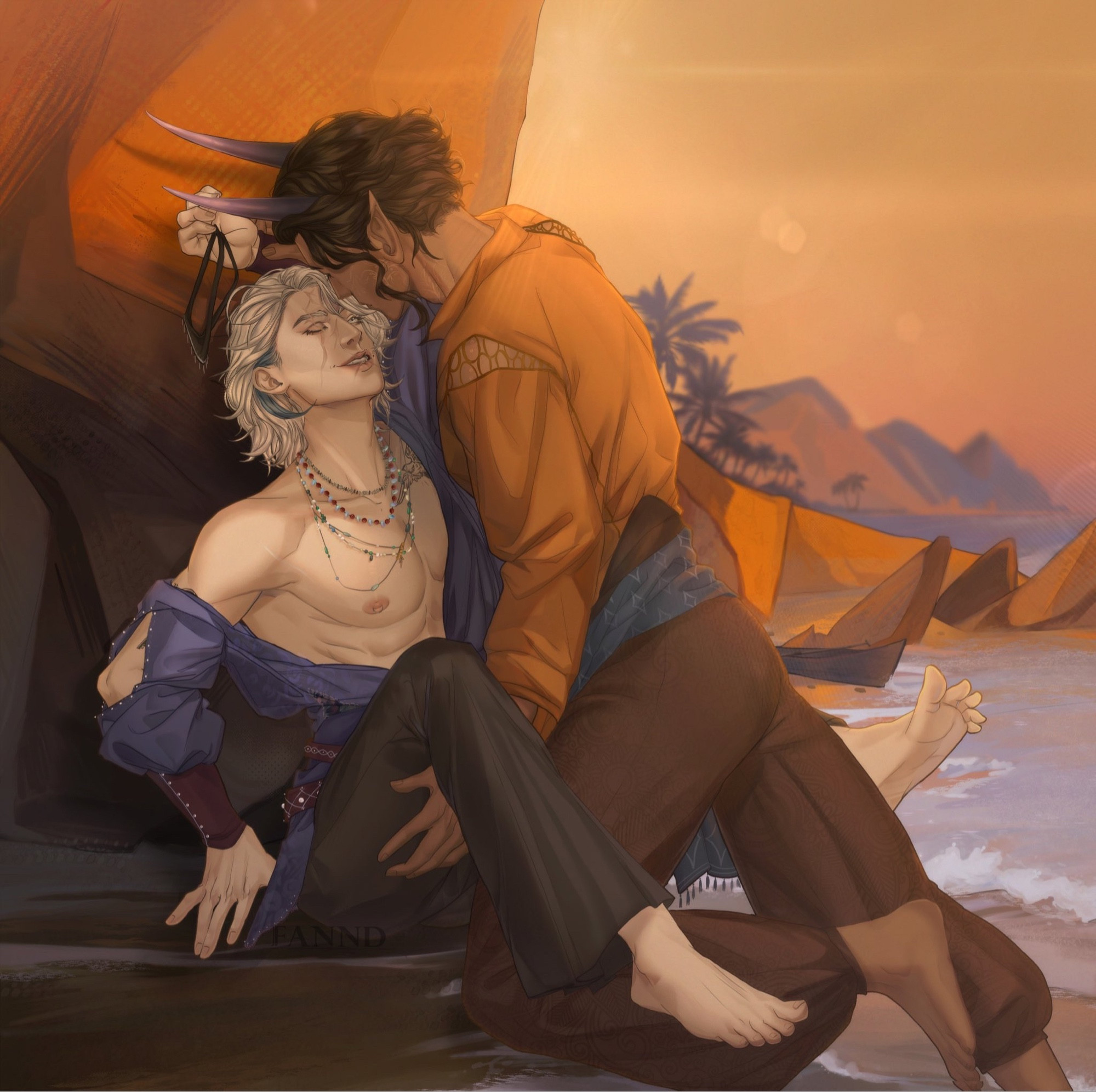 Mermaid pirate Hale with his partner demon Metenmer on the seashore