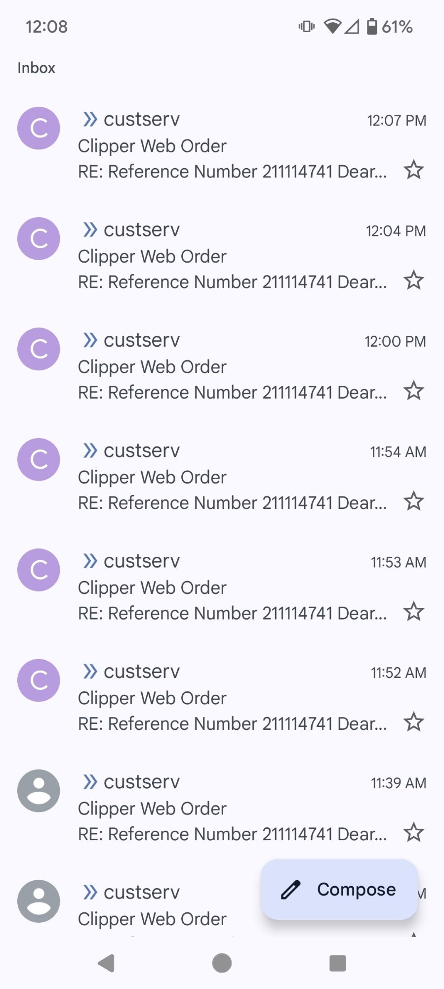 a screenshot of my inbox with 9 duplicate emails from 'custserv' at Clipper after I topped off my transit card 24 hours ago with a little money. this is not a good look for a major metro transit.