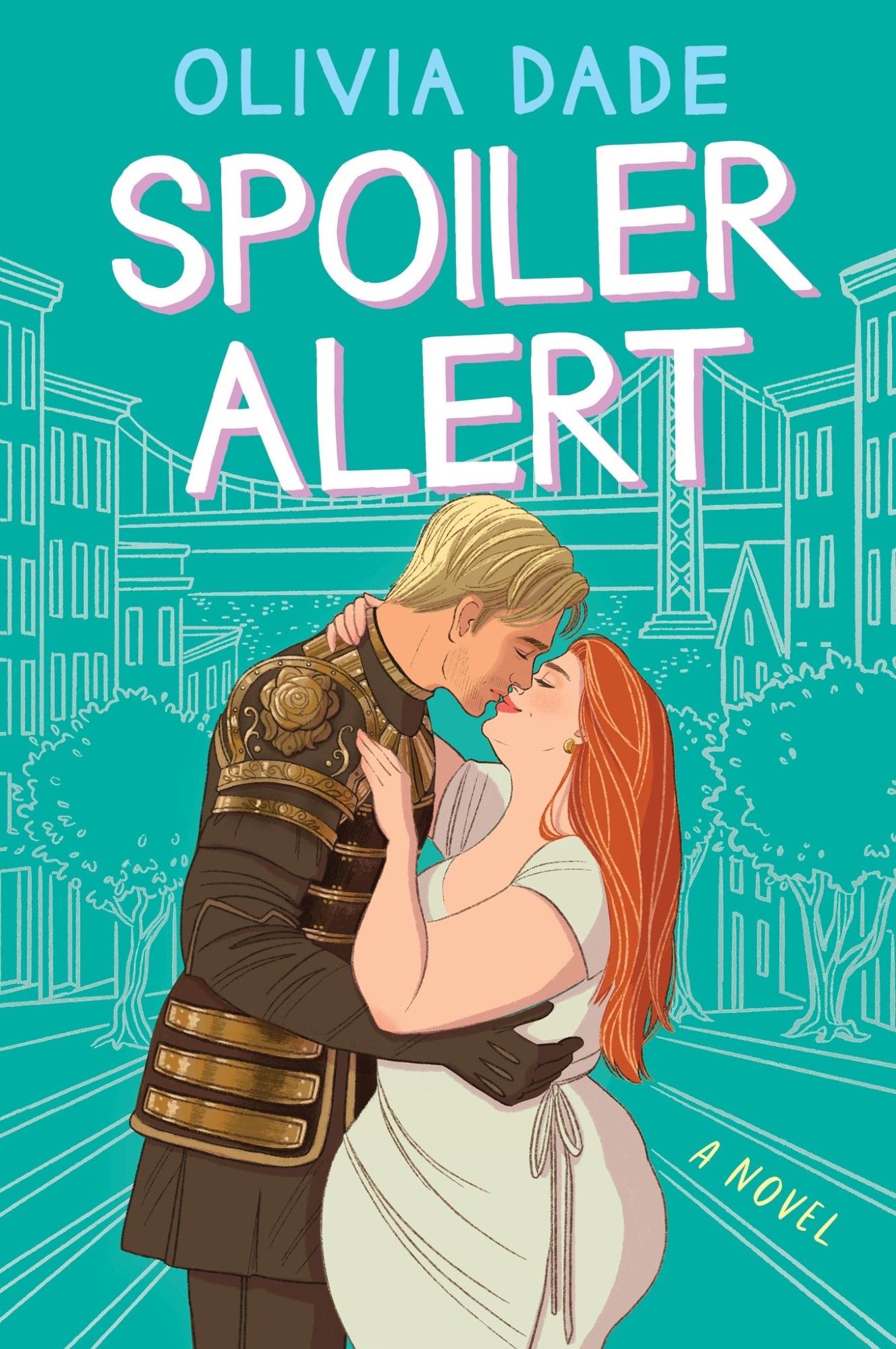 Avon cover of Spoiler Alert by Olivia Dade, an illustrated couple embrace against a blue background