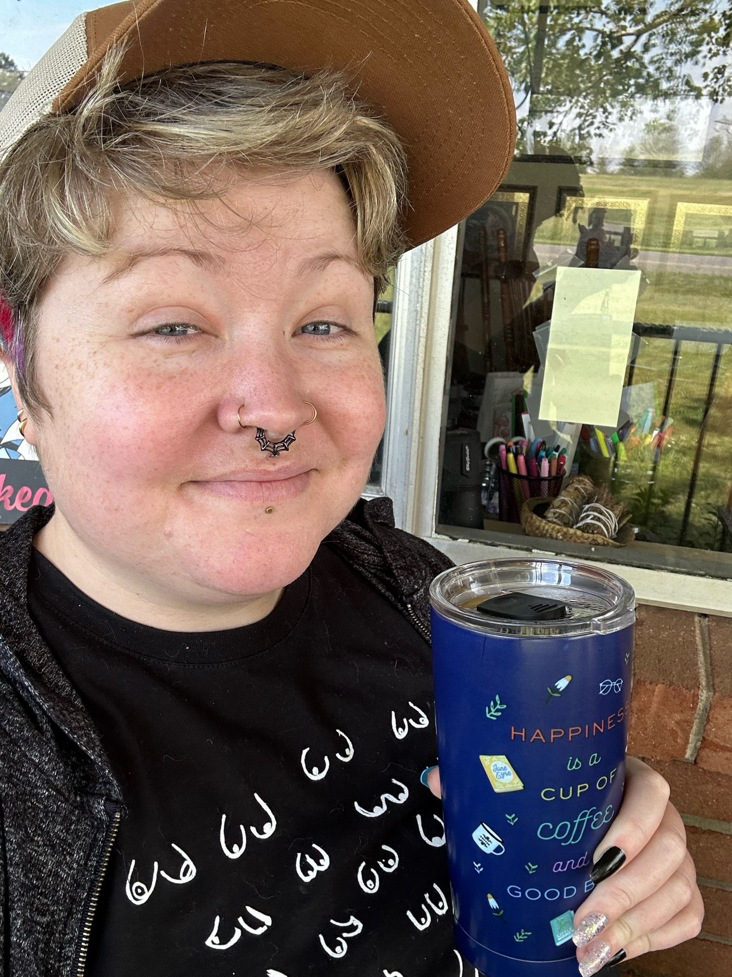 Selfie of me with the delicious coffee my friend Erin made me twice this weekend and saved my ass