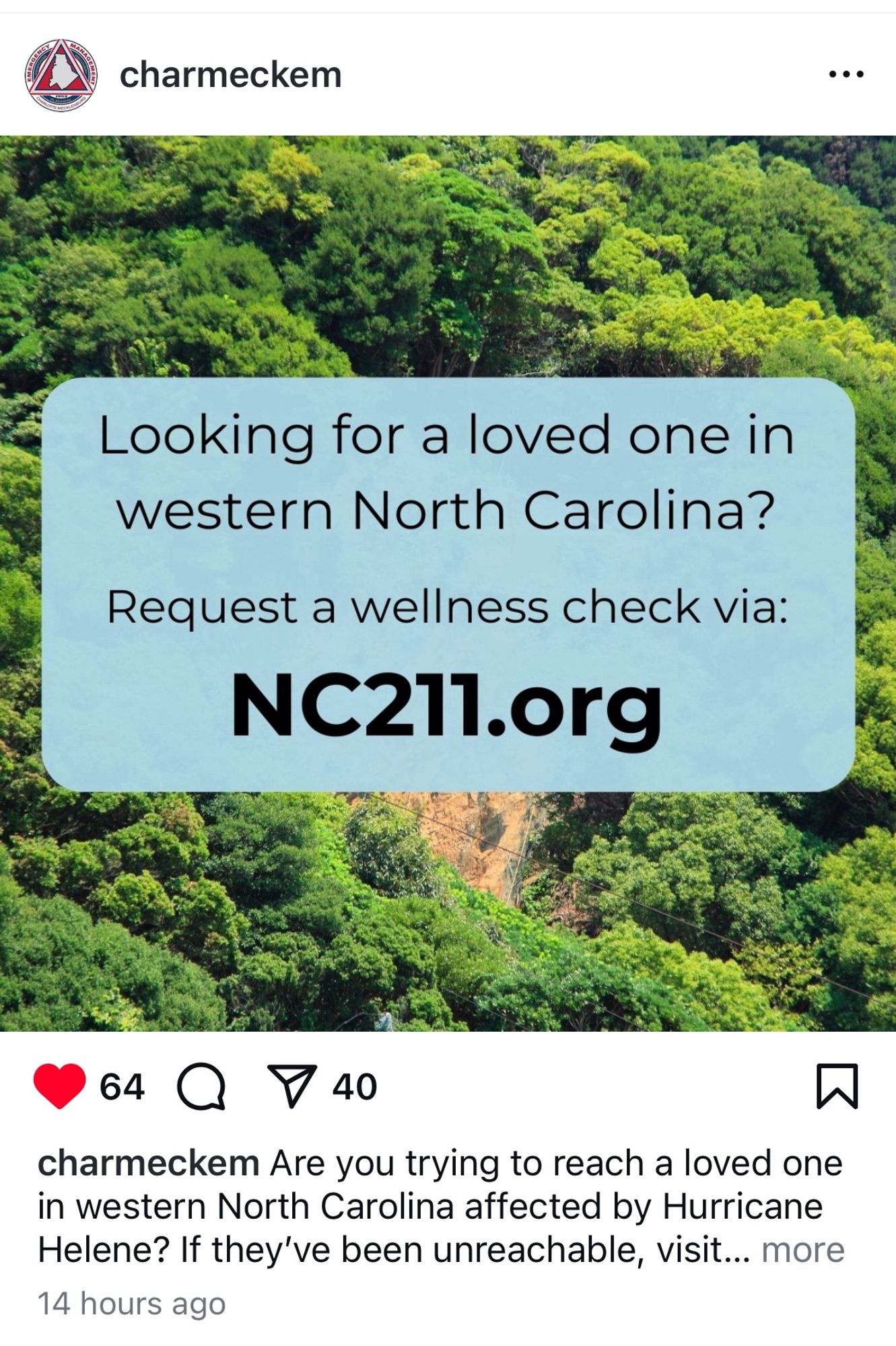 This post is by @charmechem and recs going to NC211.org for a wellness check on someone in WNC