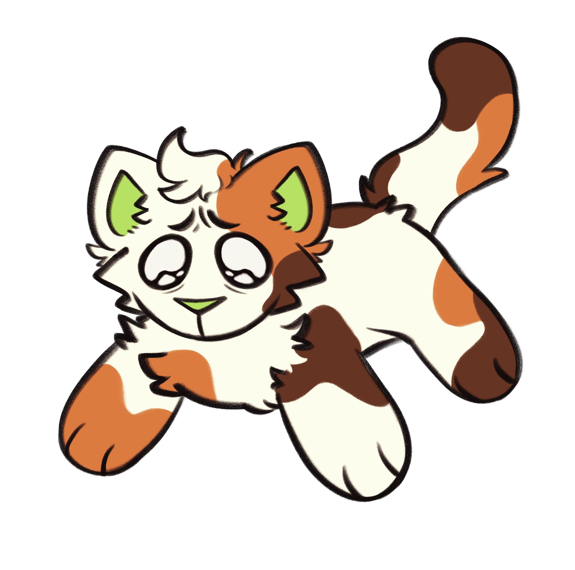 chibi art of a calico cat with green accents looking teary eyed