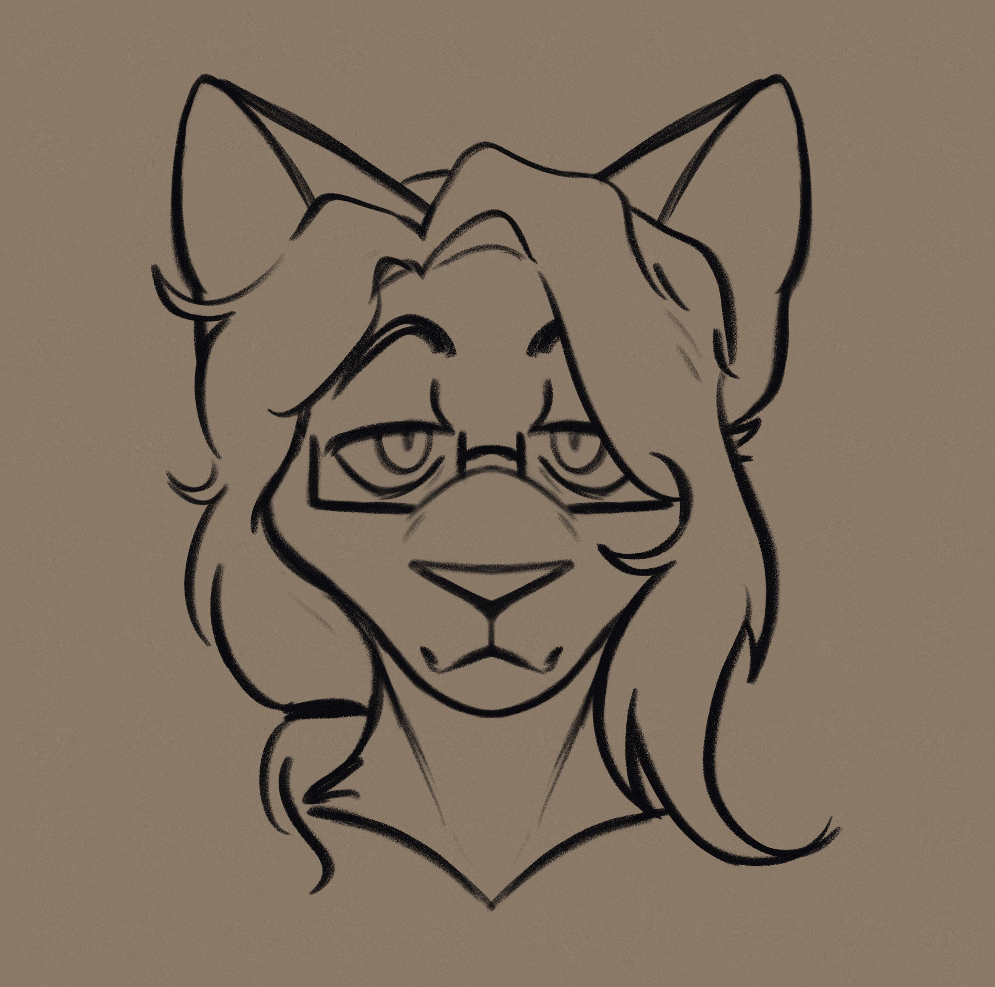 headshot sketch of a furry cat, he has long hair and glasses