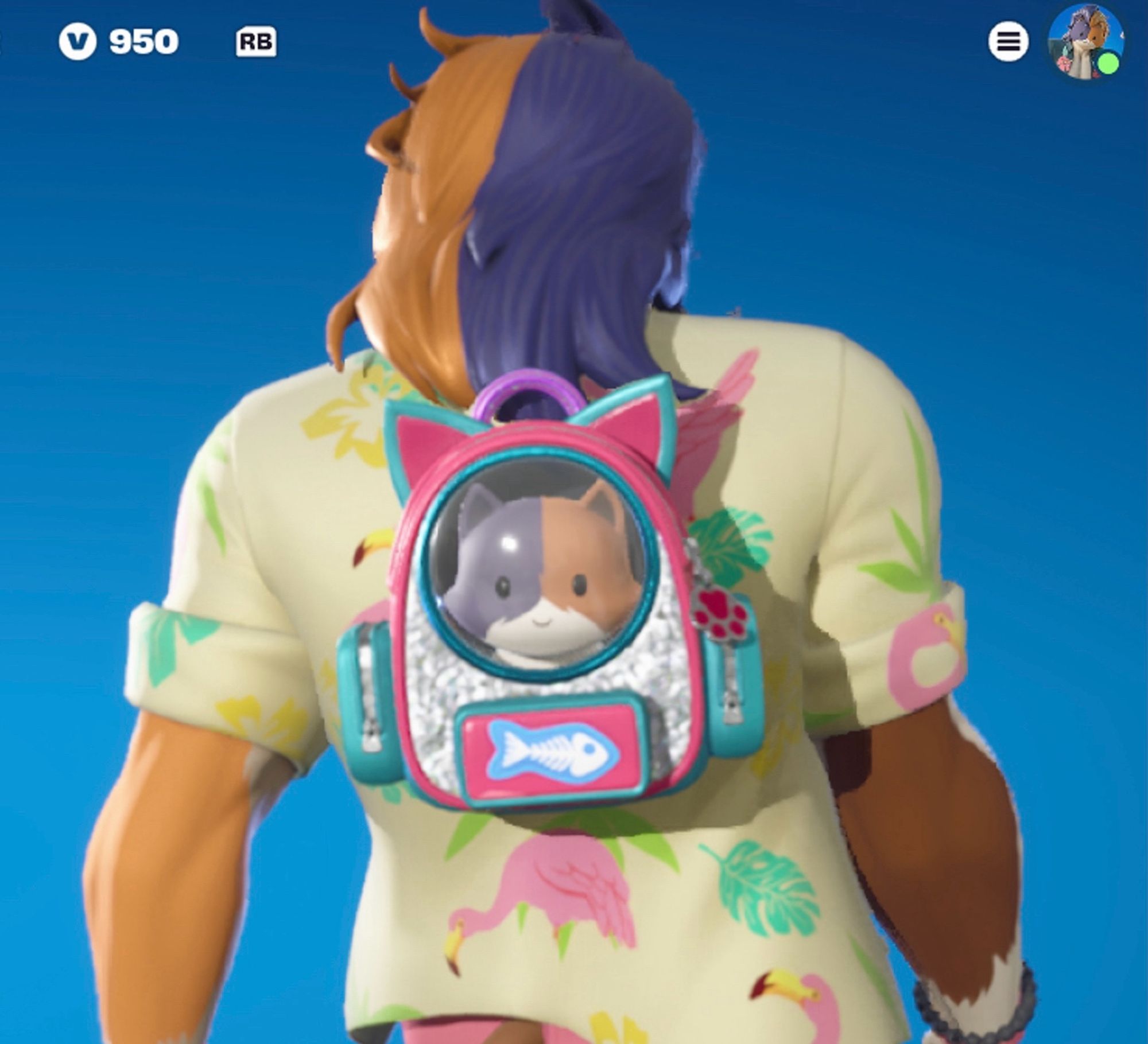 a fortnite screenshot of the Purradise Meowscles skin (a buff calico cat with a mullet wearing a pastel shirt) wearing a backpack with Kit in it (the cat's son)