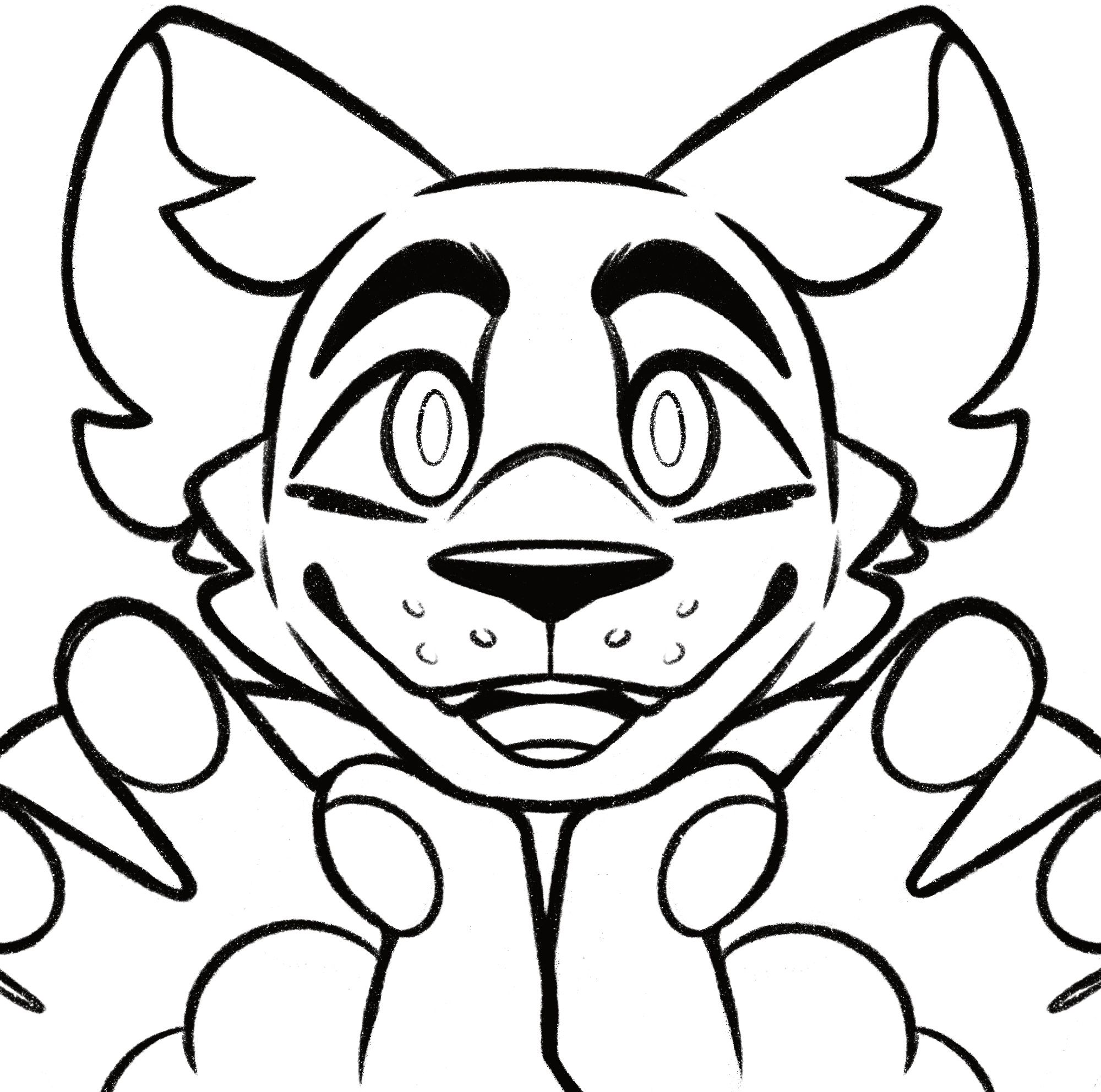 Lined drawing of a furry wolf smiling and looking at the viewer while showing off their beans