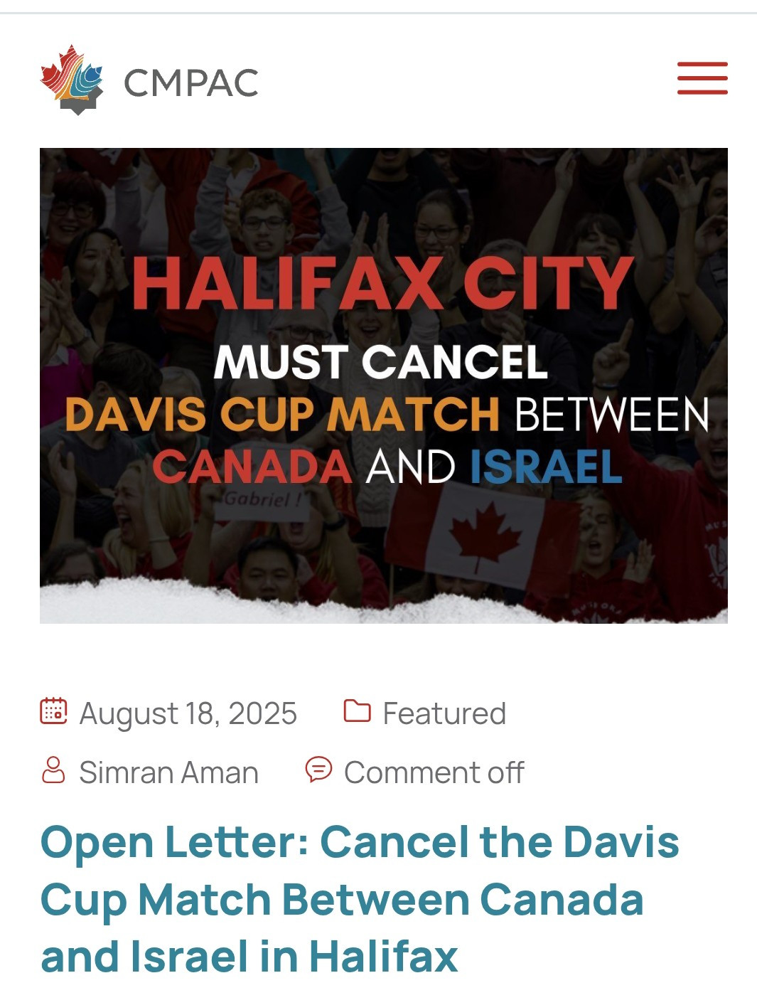 Halifax City must cancel Davis Cup match between Canada and Israel.
An open letter