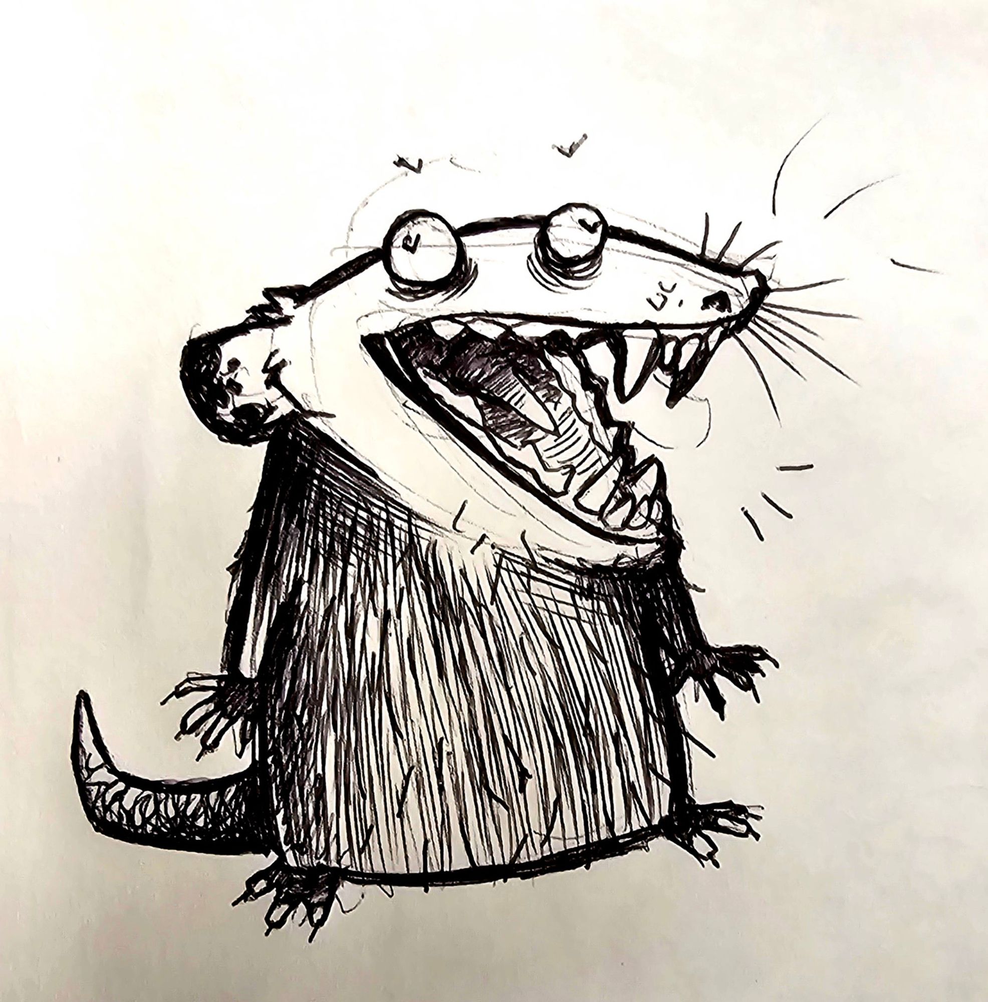 A ballpoint pen doodle of a possum doing a screm