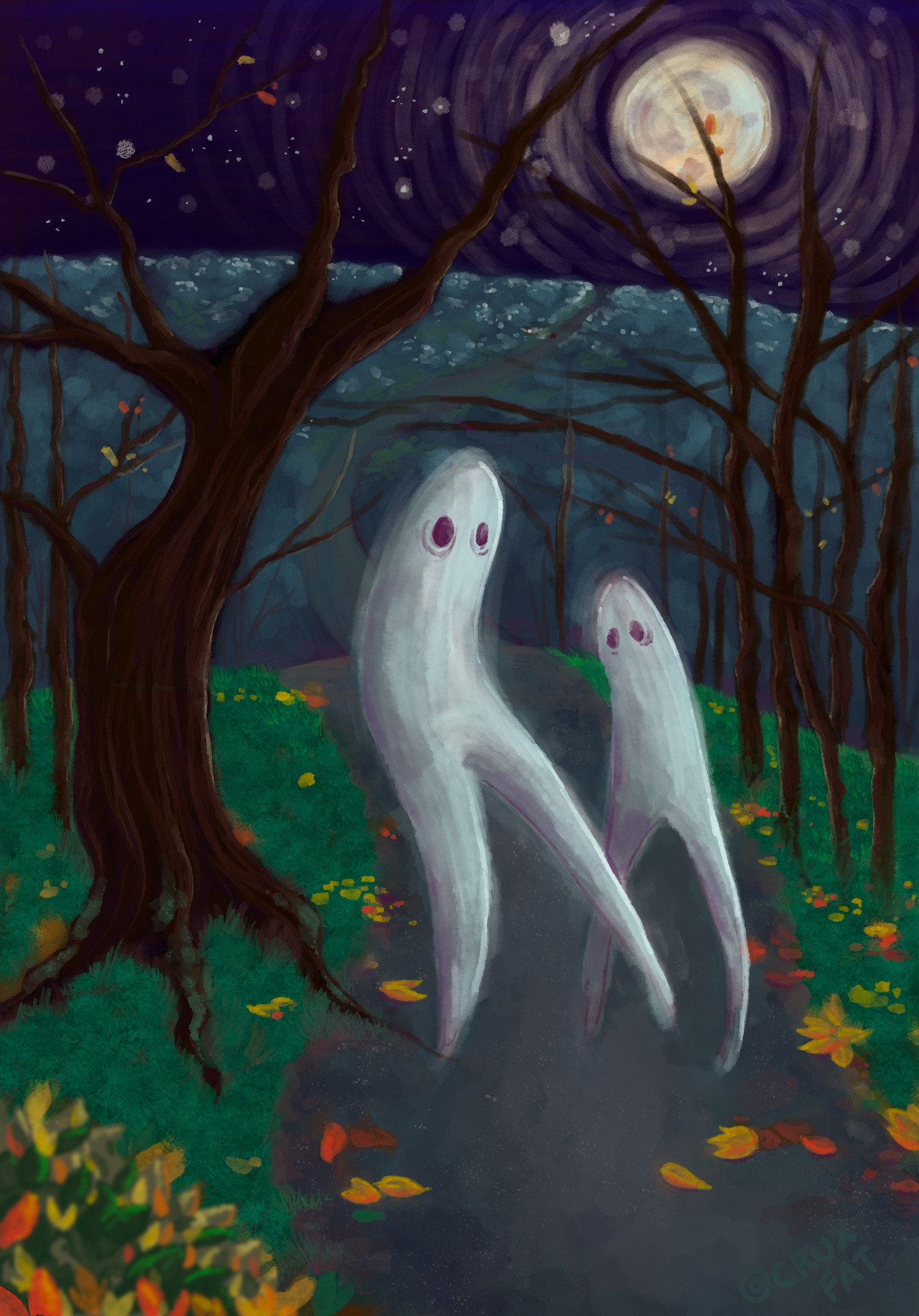 A pair of freak nightcrawlers looking spooky on a moonlit night