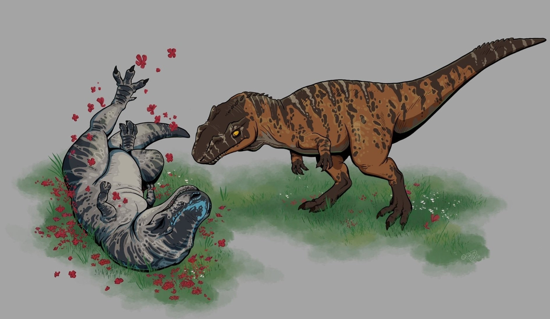 Dino players in the game "The Isle". A grey rex is rolling around in a field of flowers, while a brown giga looks on, confused.