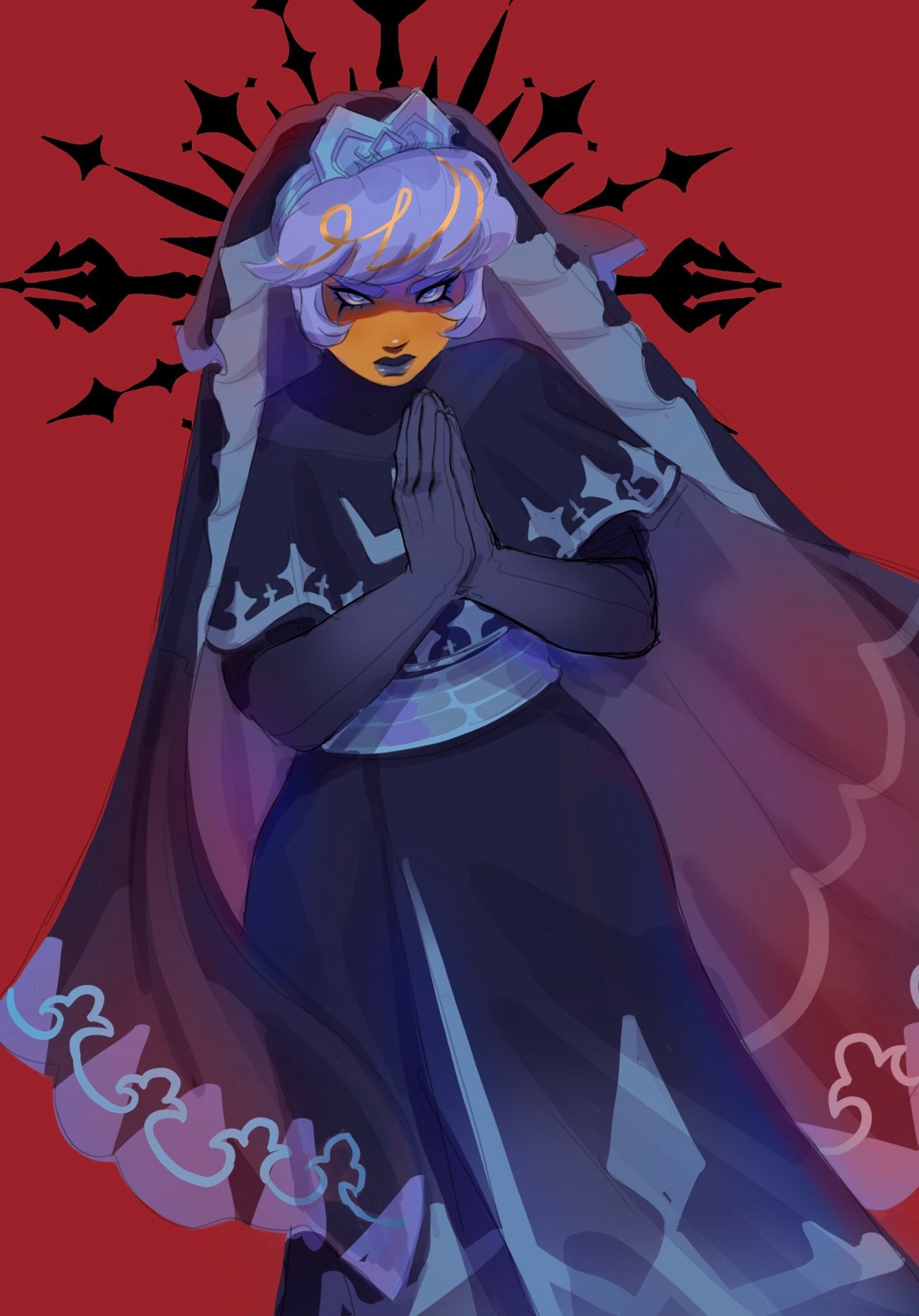 Pastry cookie from Cookie run kingdom. She is wearing her Shadow Sister costume, hues of black and navy and light blue accents adorn her, her veil flowing. Her hands are together in prayer, but there is a sinister shadow to her expression.