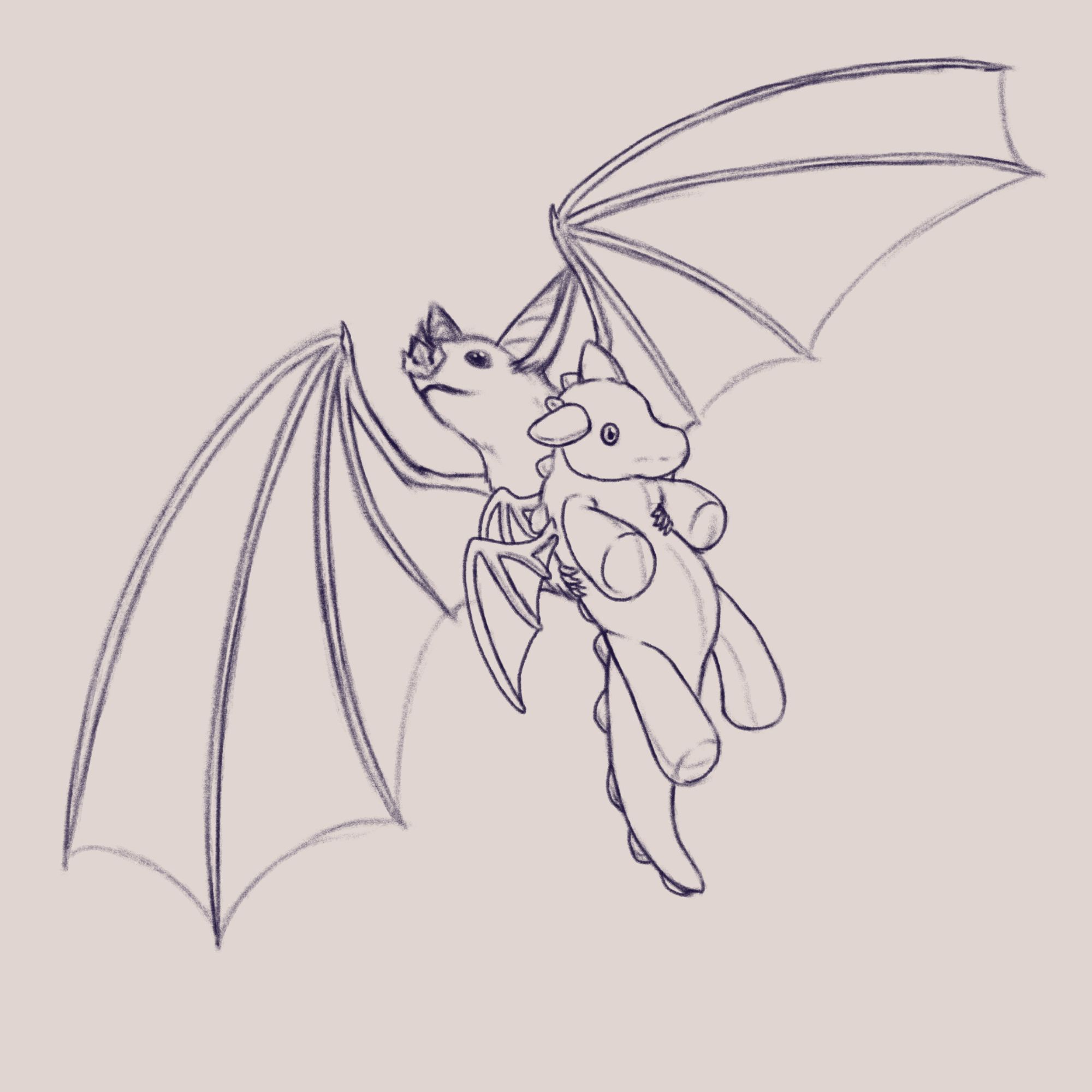 A pencil-sketch style drawing of a leaf nosed bat, flying overhead of the Point Of View, Holding a Dragon Plushie with it's feet, as it's wings are splayed out.