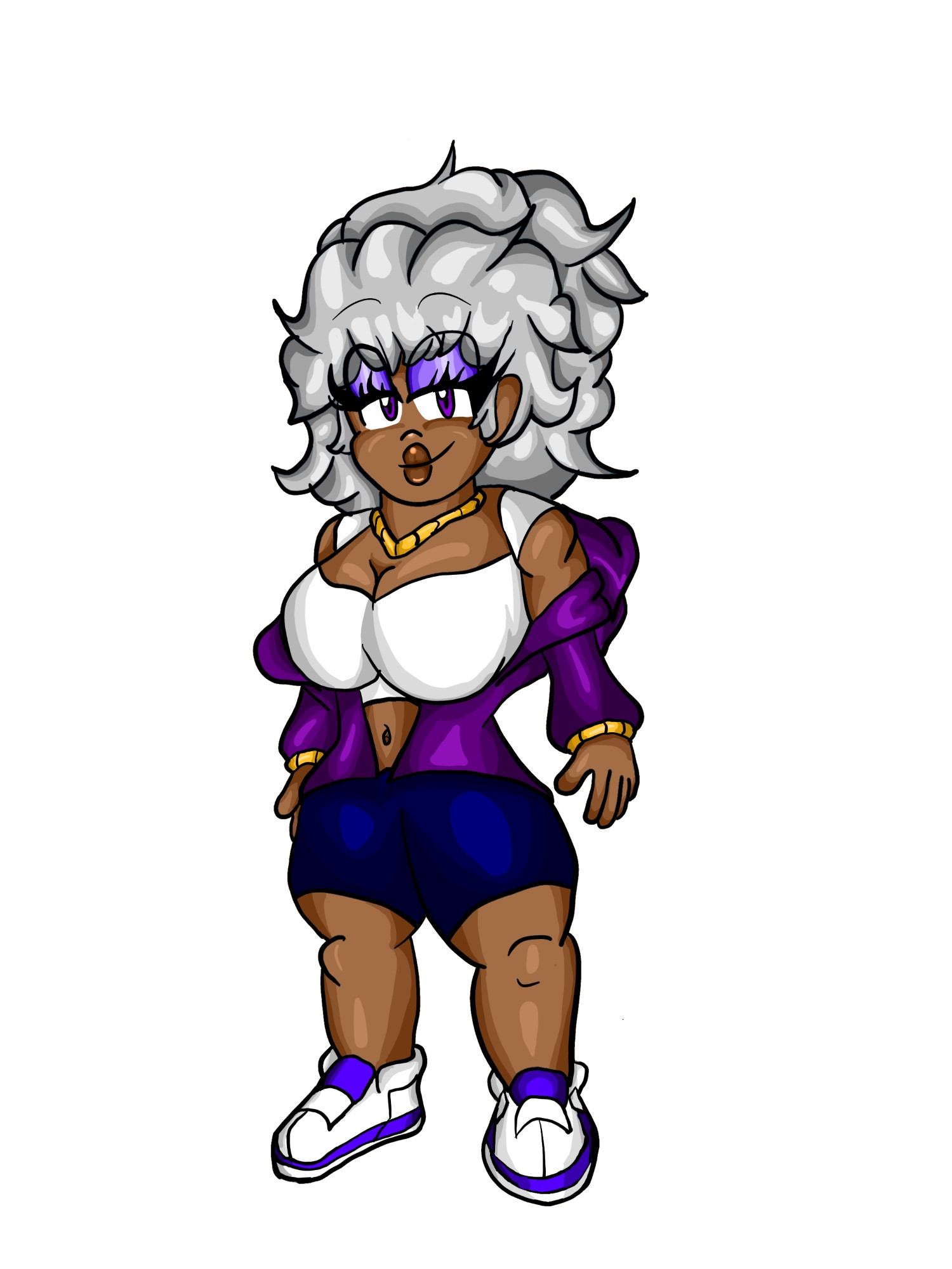 Stephanie took a while to nail down for me. I decided to go with the big, curly hair, satin blouse that she keeps open, the crop top, and the booty shorts, the darker colors contrasting with the white of her top and the silver of her hair. The eye shadow was a nice touch too. I also knew I wanted to give her big lips too, good for the smooching. Destiny loves those~