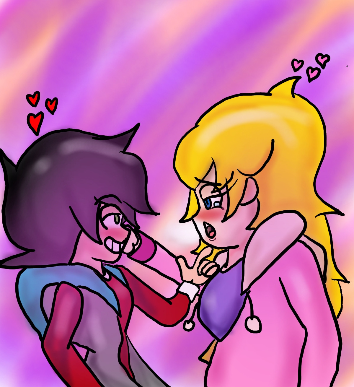 I drew this as a little side bit when I was conceptualizing Rose's design and I had to make it its own piece. She's struggling to hold herself back from just smothering Garret with kisses and he's just having fun getting to flirt back. Usually she has the upper hand, but once he sees a weakness, he goes for it~